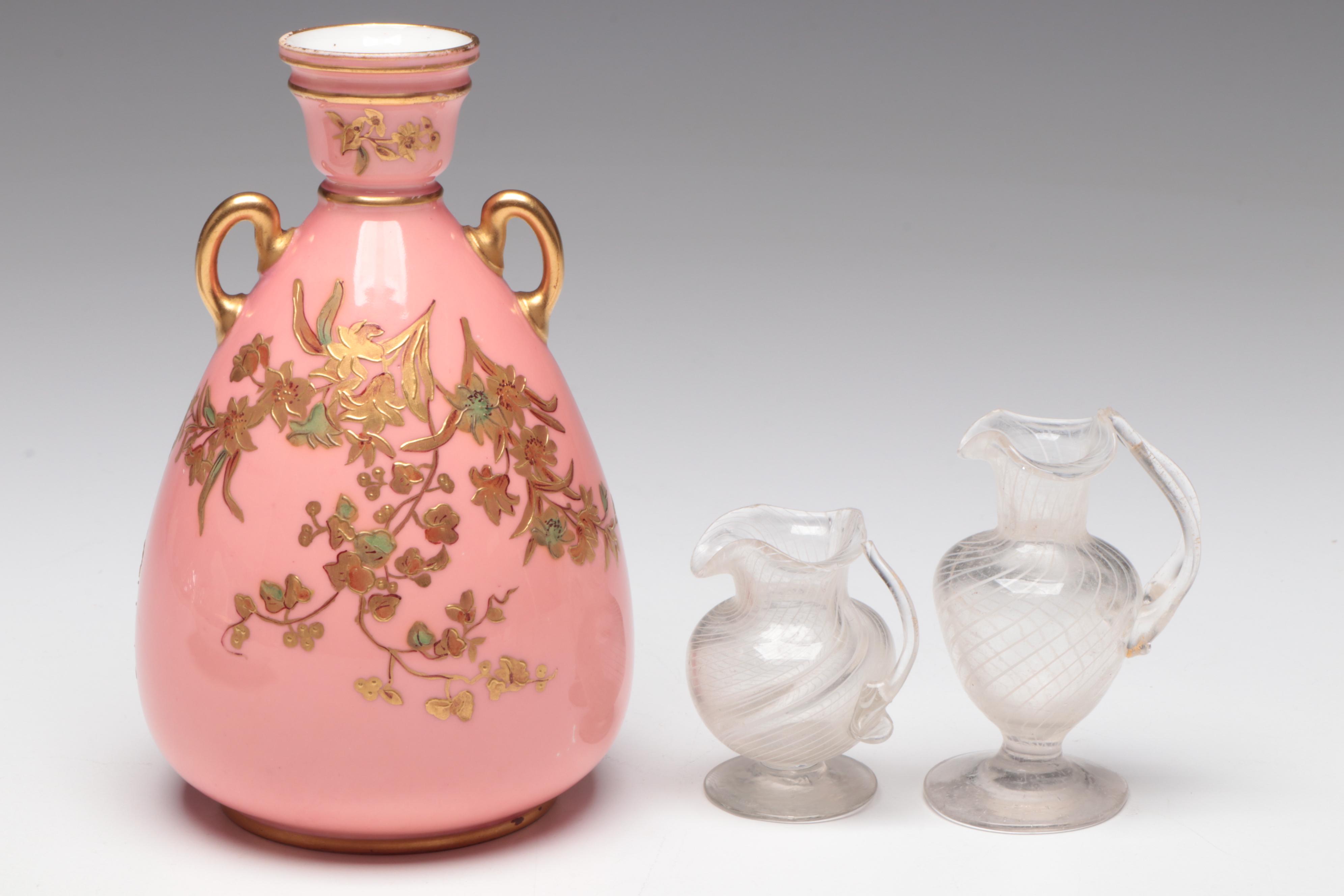 German C.T. Altwasser Porcelain Plate with Porcelain and Blown Glass Vases