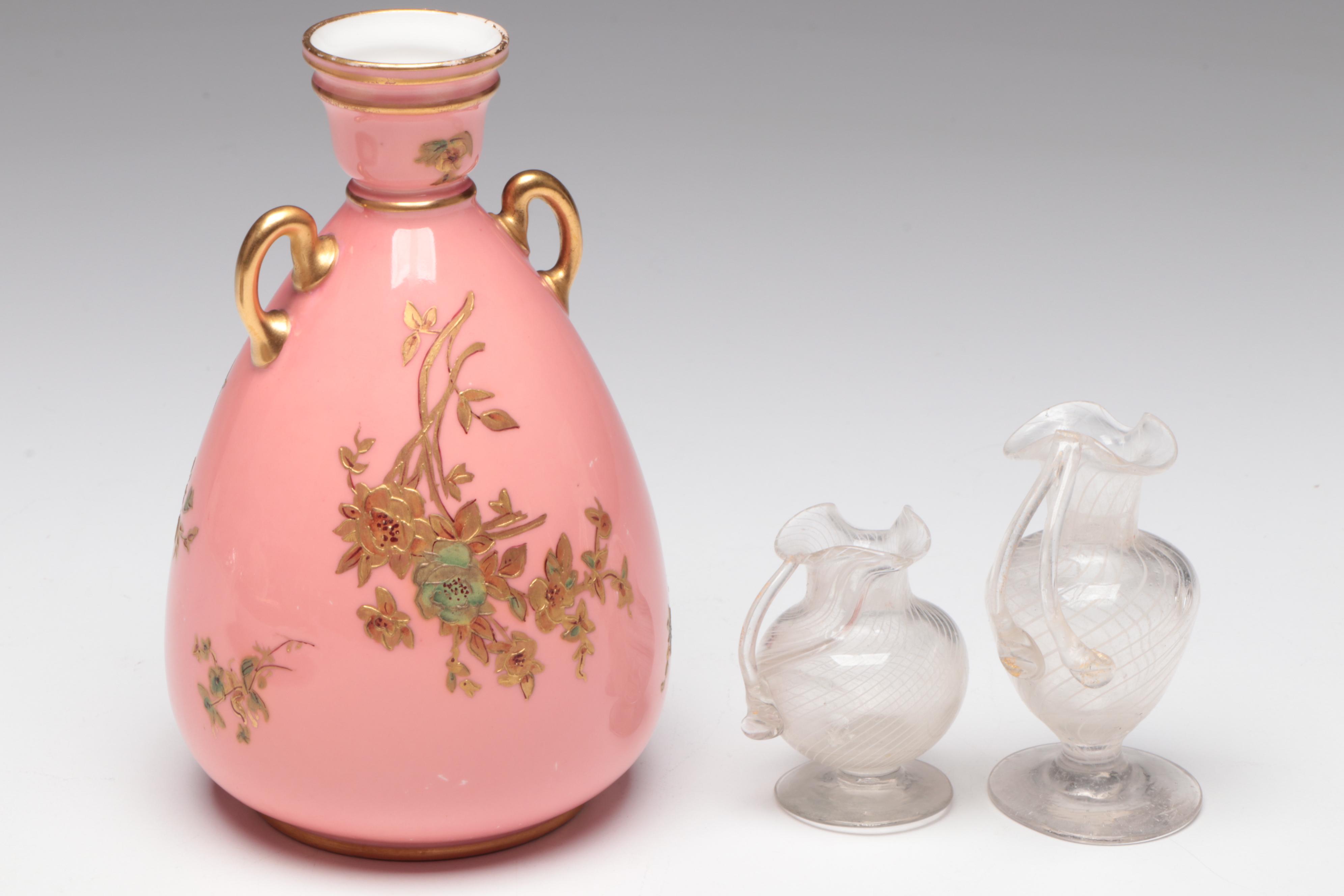 German C.T. Altwasser Porcelain Plate with Porcelain and Blown Glass Vases