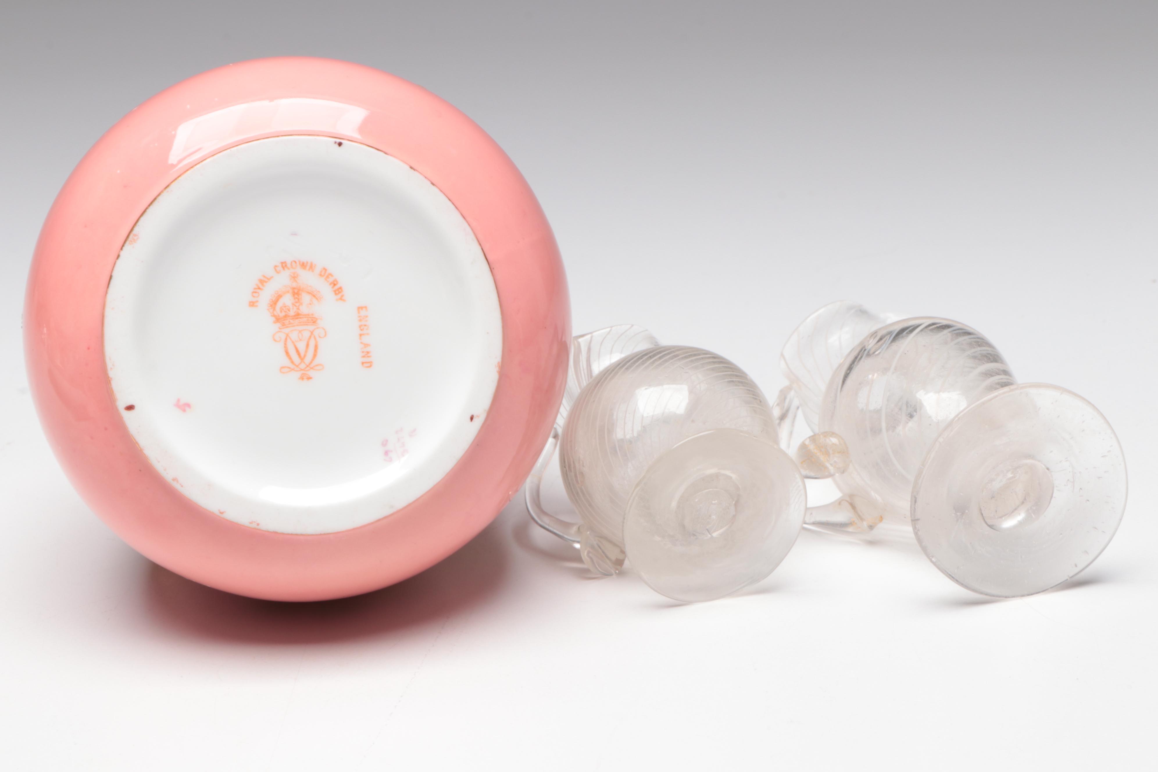 German C.T. Altwasser Porcelain Plate with Porcelain and Blown Glass Vases