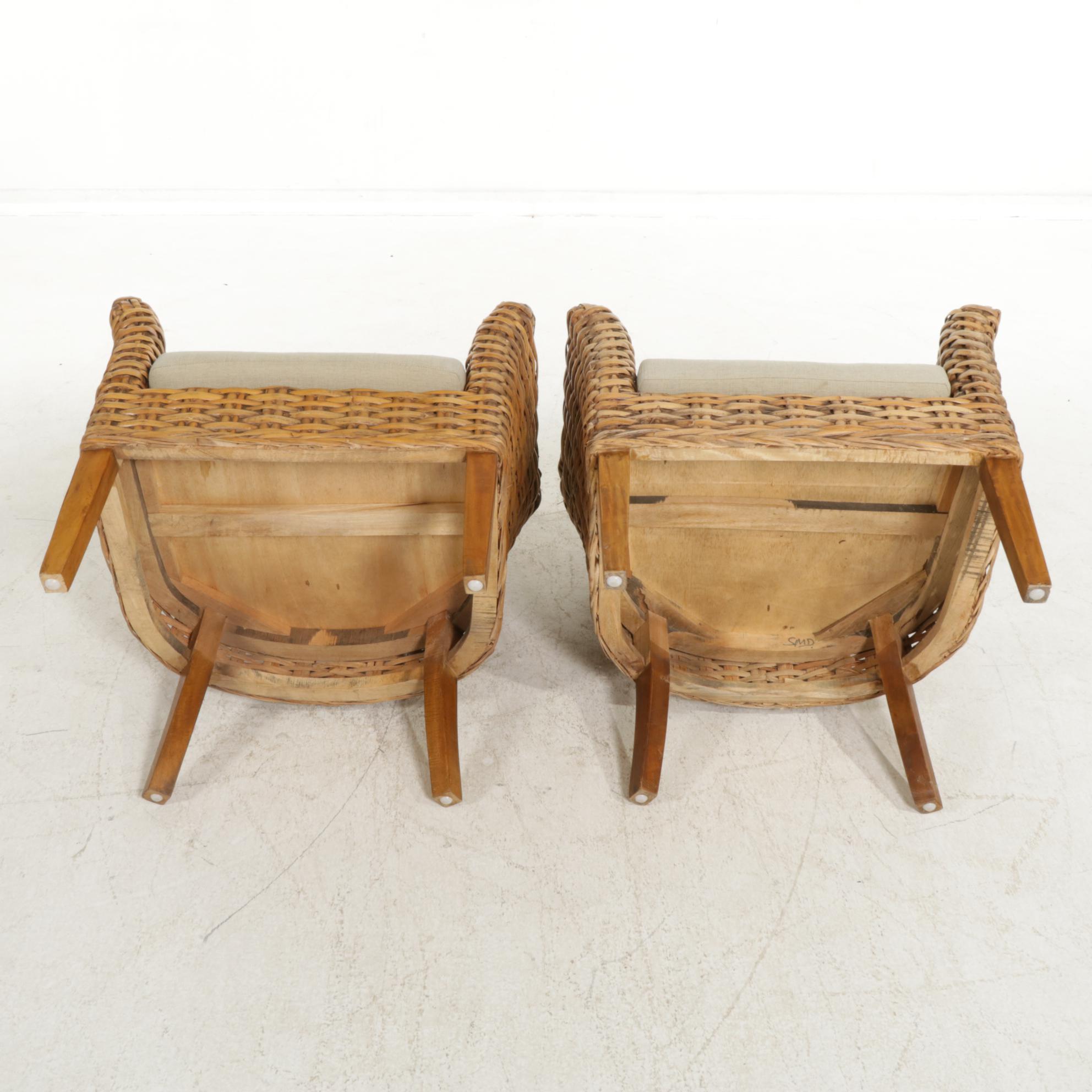Pair of Woven Rattan Strip Armchairs, Late 20th to 21st Century