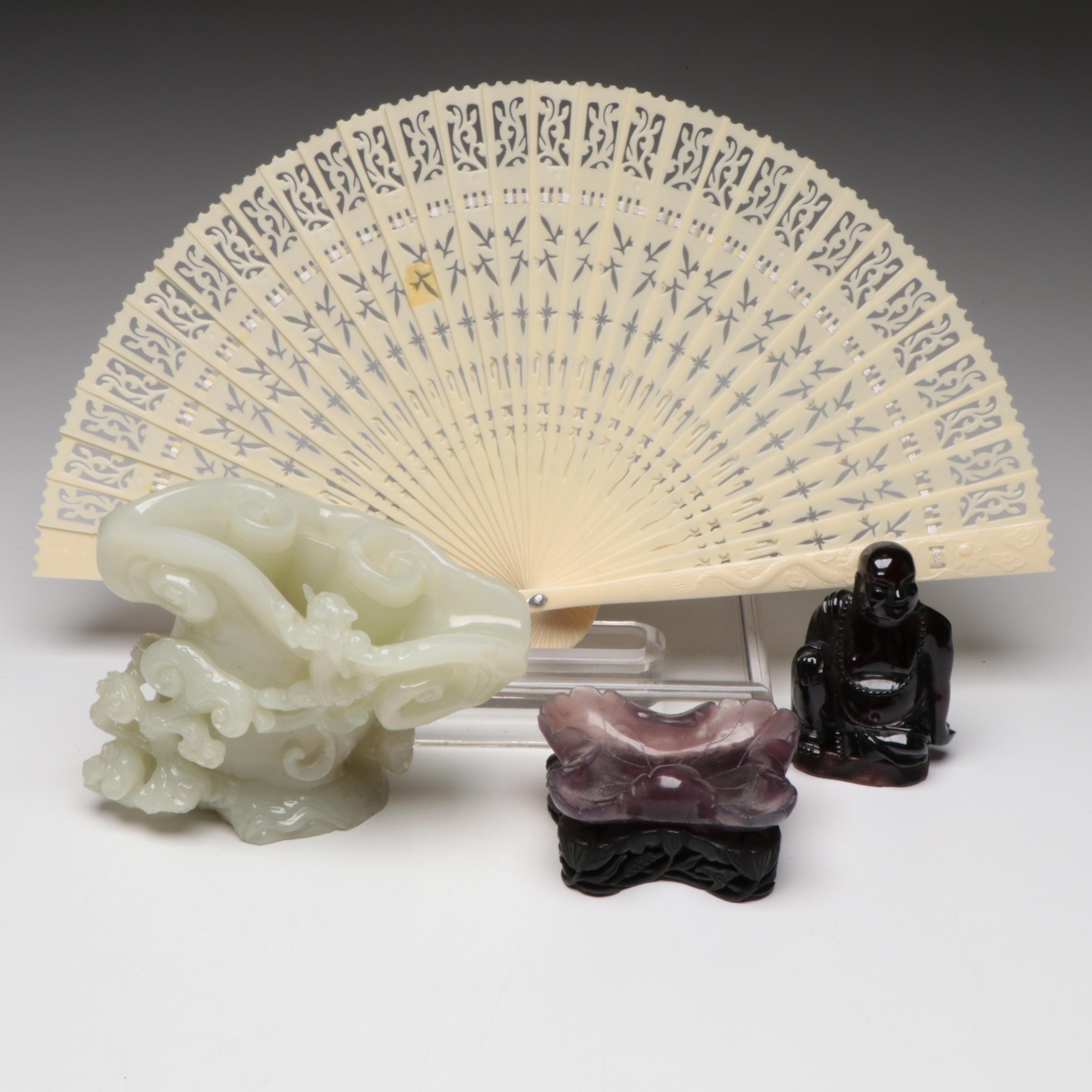 Chinese Carved Serpentine Brush Pot with Carved Amethyst Bowl, Fan and Buddha