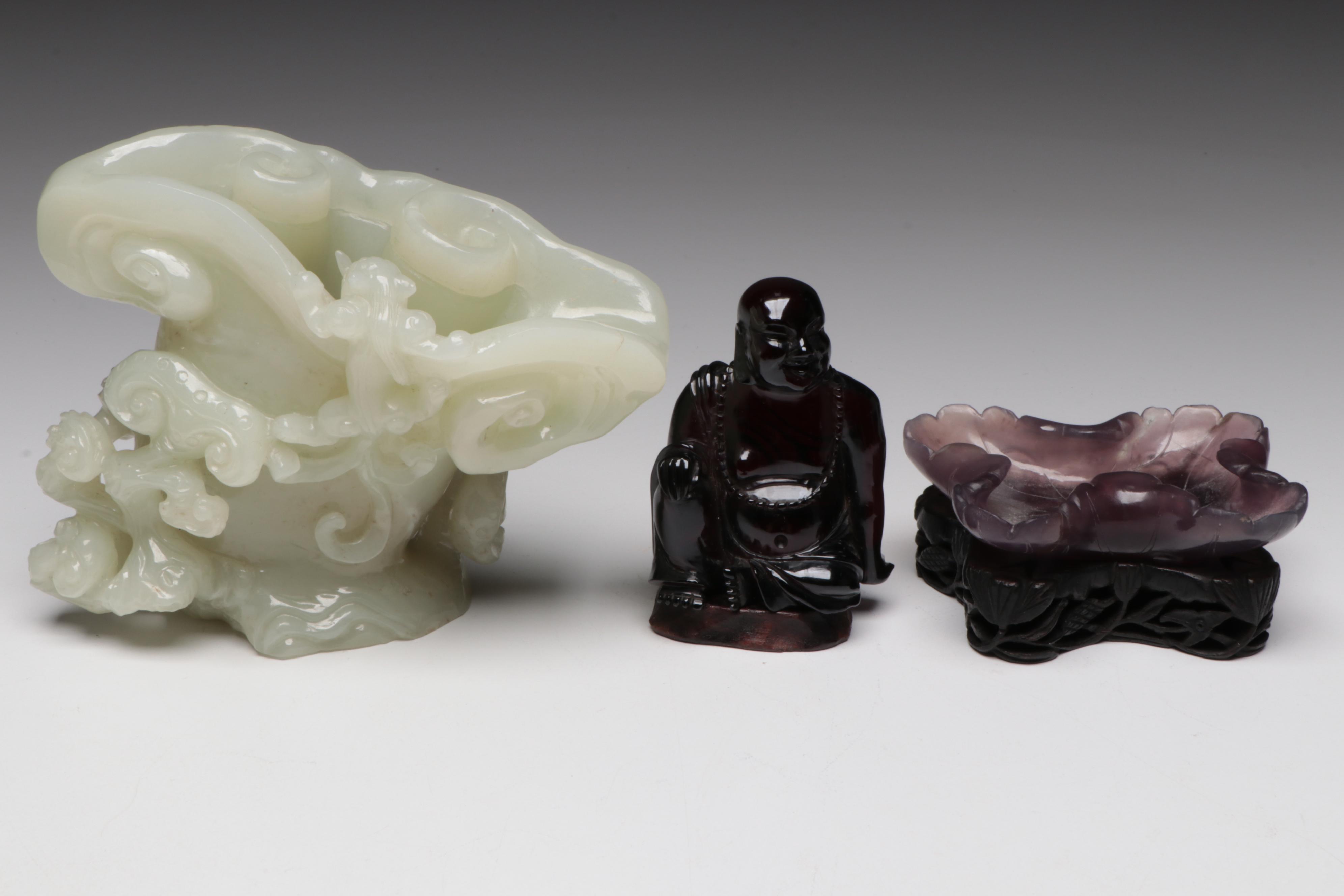 Chinese Carved Serpentine Brush Pot with Carved Amethyst Bowl, Fan and Buddha