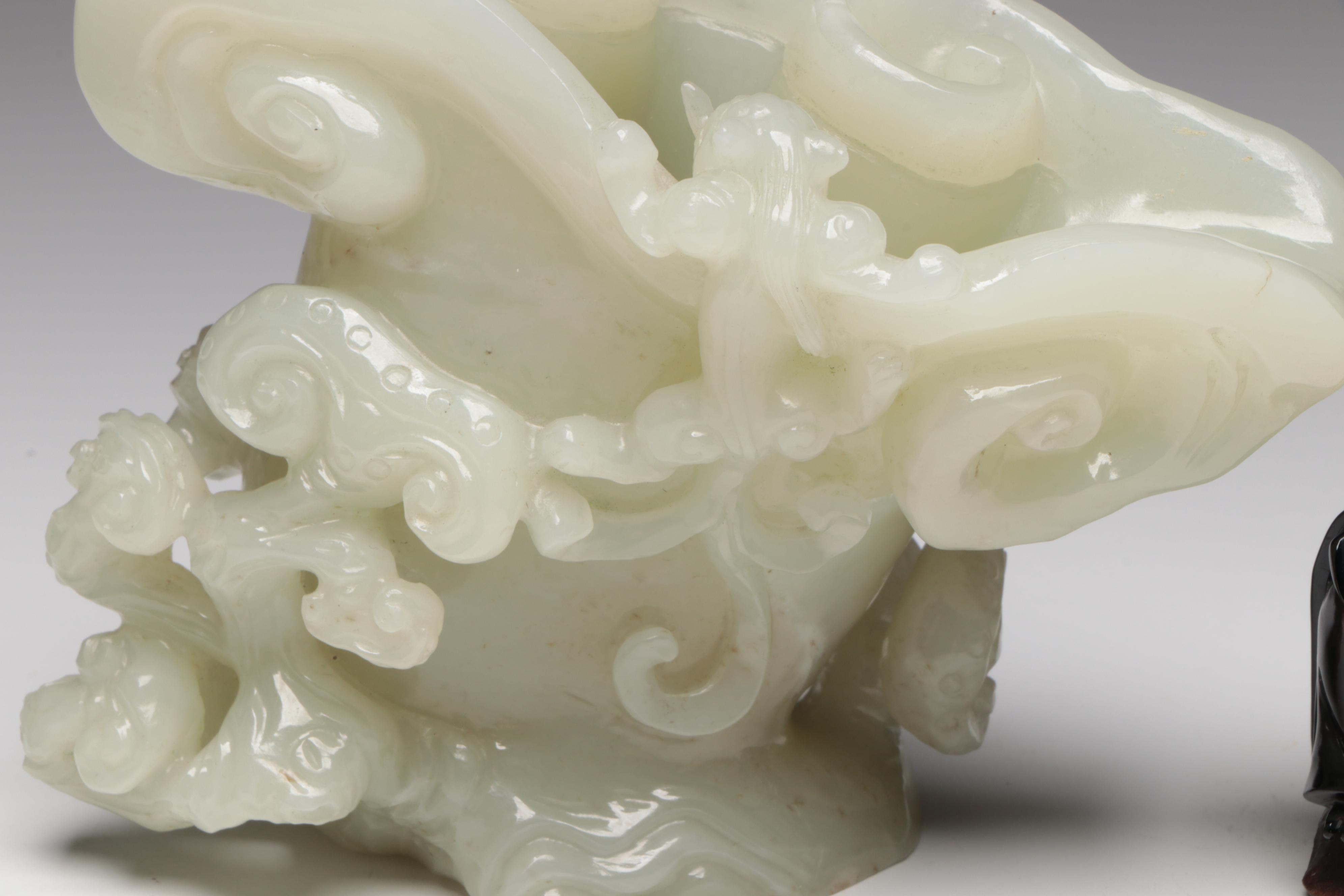 Chinese Carved Serpentine Brush Pot with Carved Amethyst Bowl, Fan and Buddha