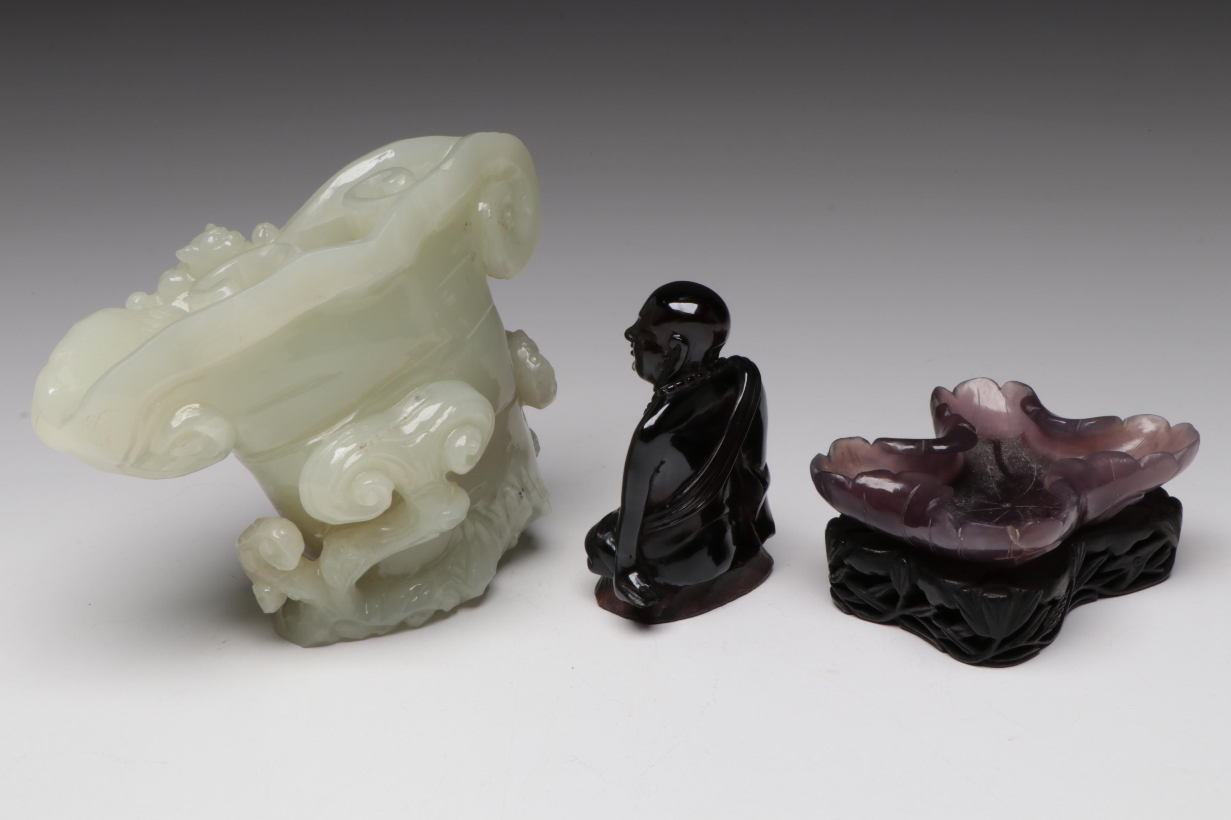 Chinese Carved Serpentine Brush Pot with Carved Amethyst Bowl, Fan and Buddha
