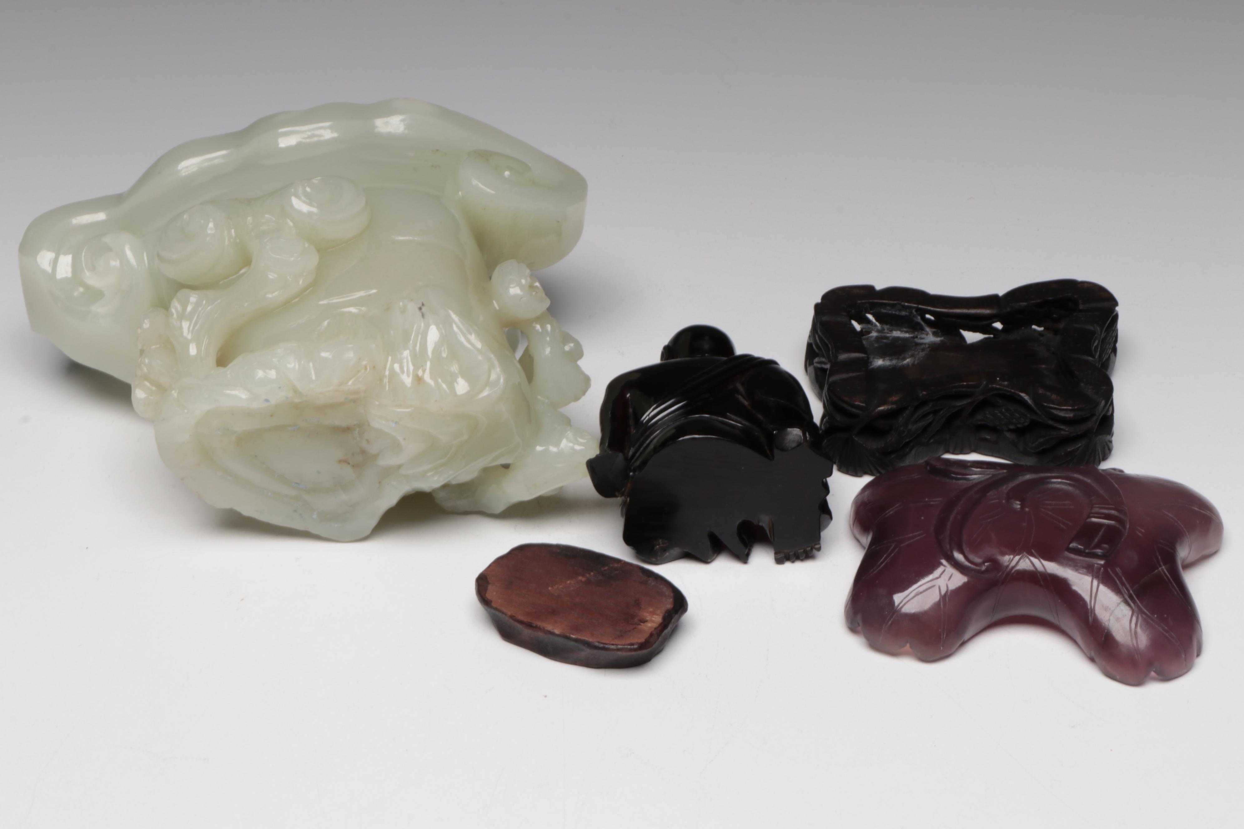 Chinese Carved Serpentine Brush Pot with Carved Amethyst Bowl, Fan and Buddha