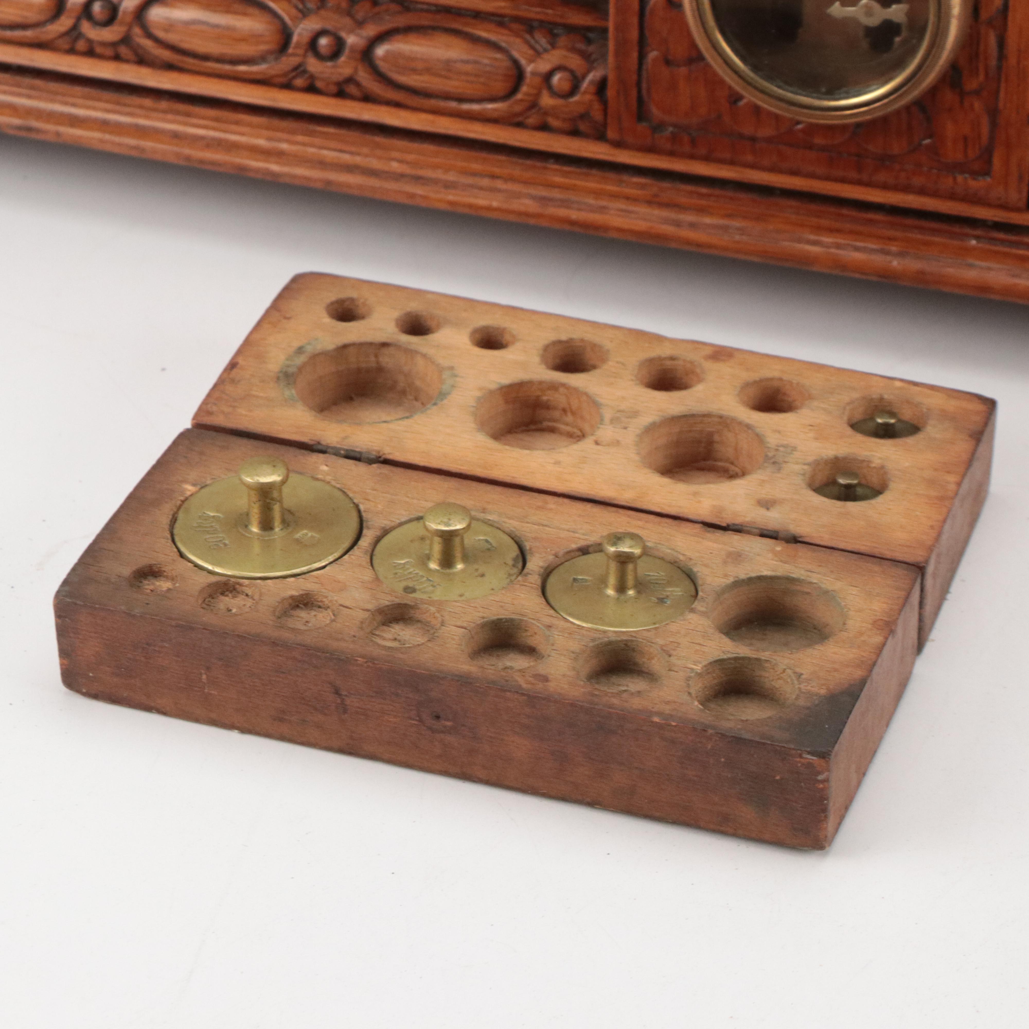 W. P. Hock Marble and Carved Wood Balance Scale with Weights