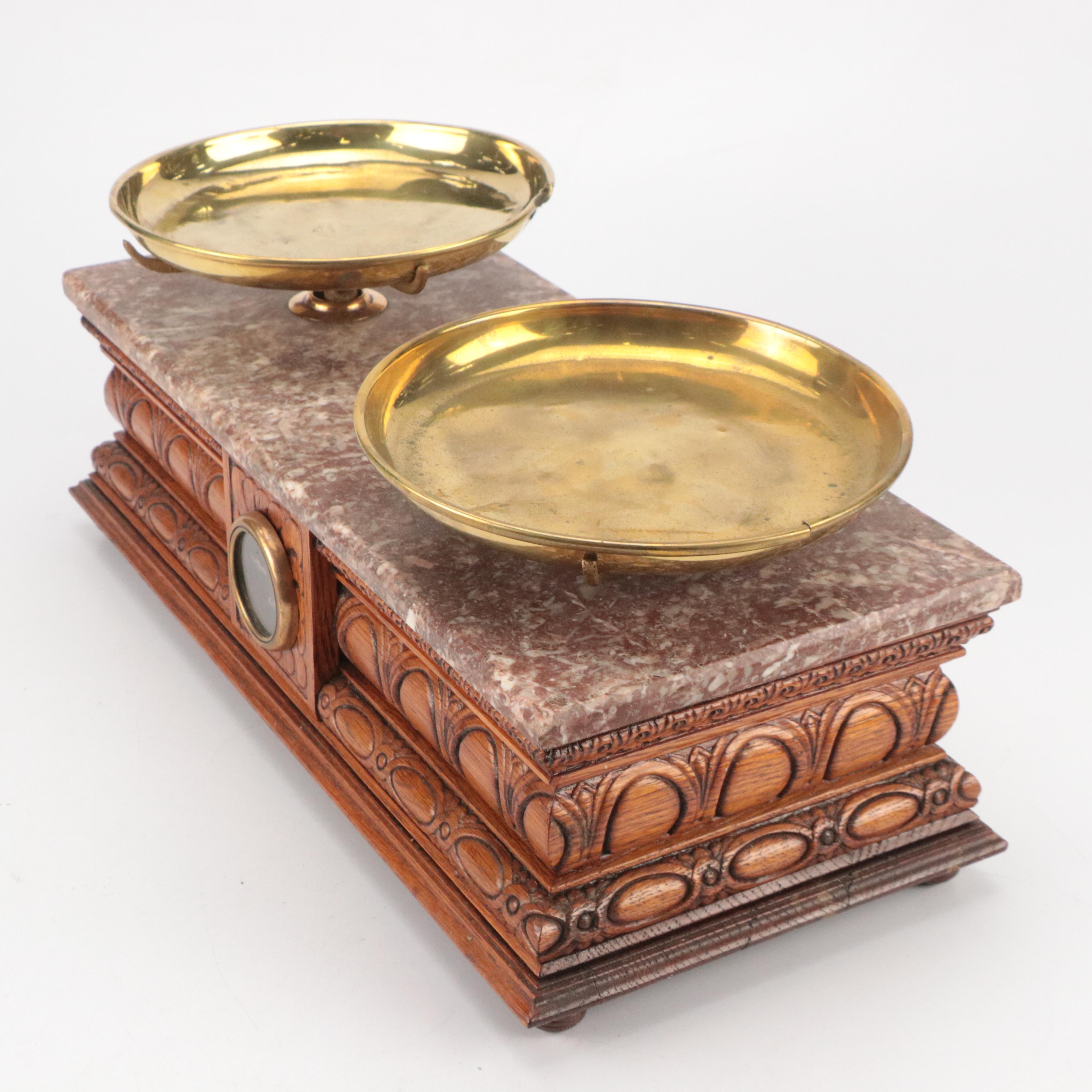 W. P. Hock Marble and Carved Wood Balance Scale with Weights
