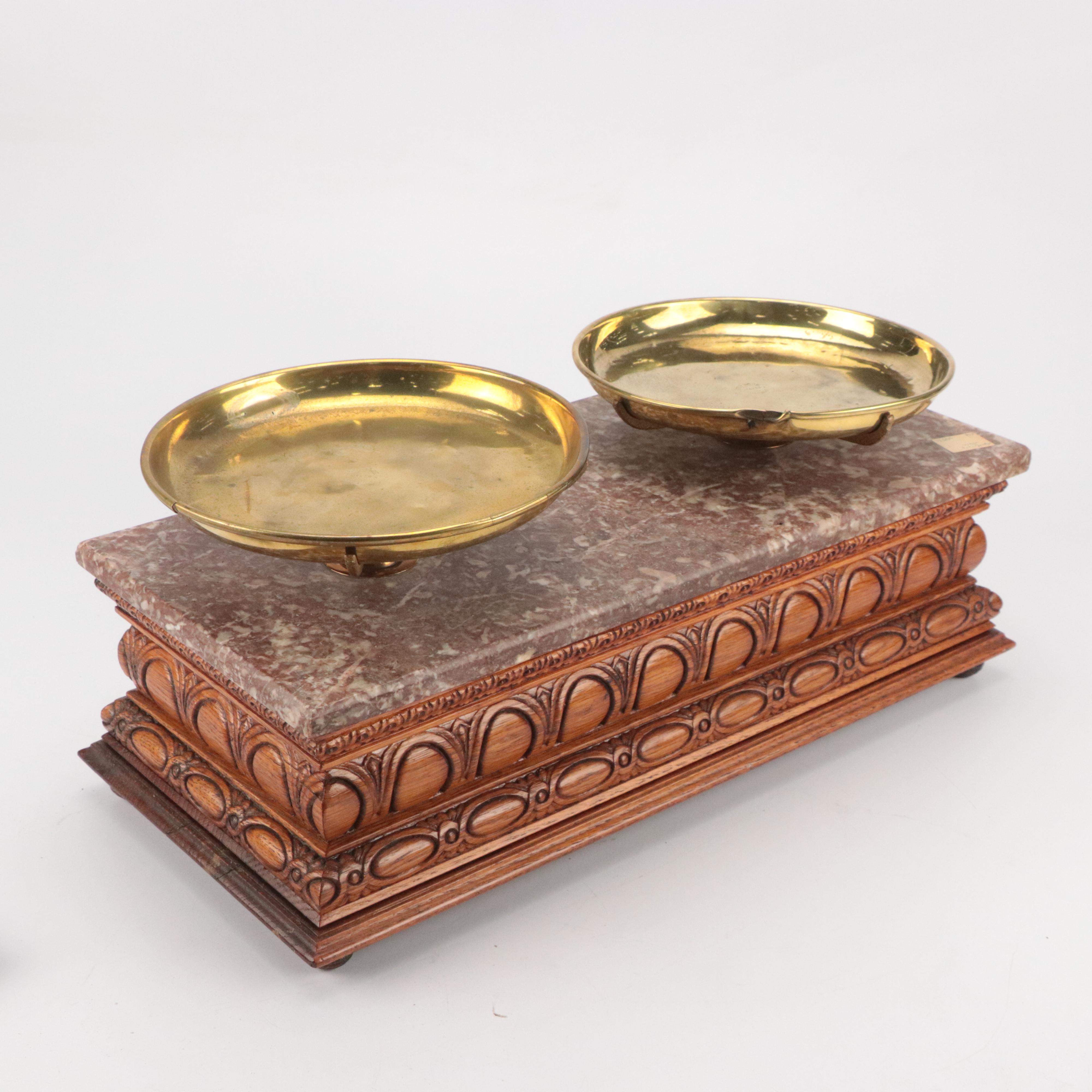 W. P. Hock Marble and Carved Wood Balance Scale with Weights
