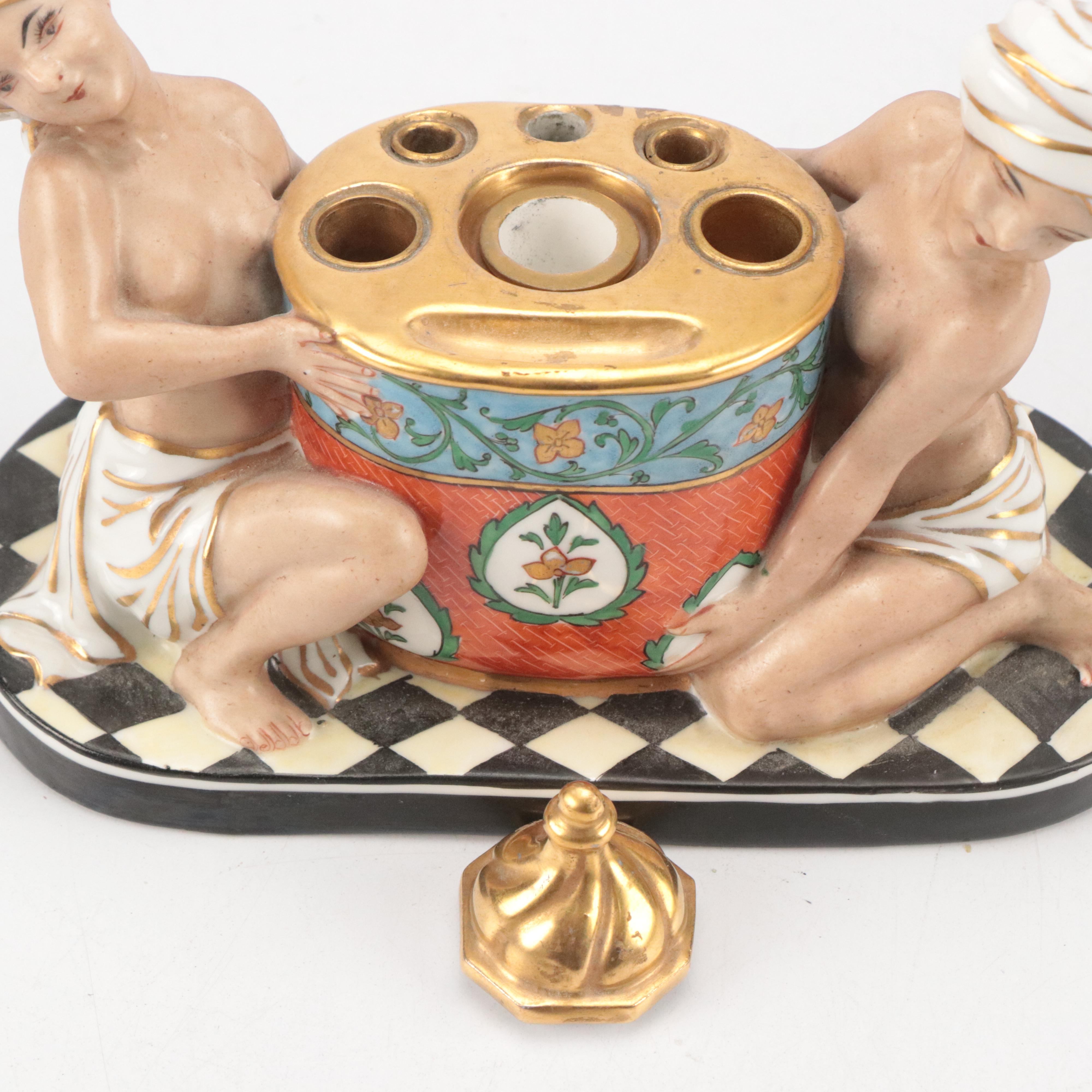French Art Nouveau Style Porcelain Inkwell, Late 19th/Early 20th Century
