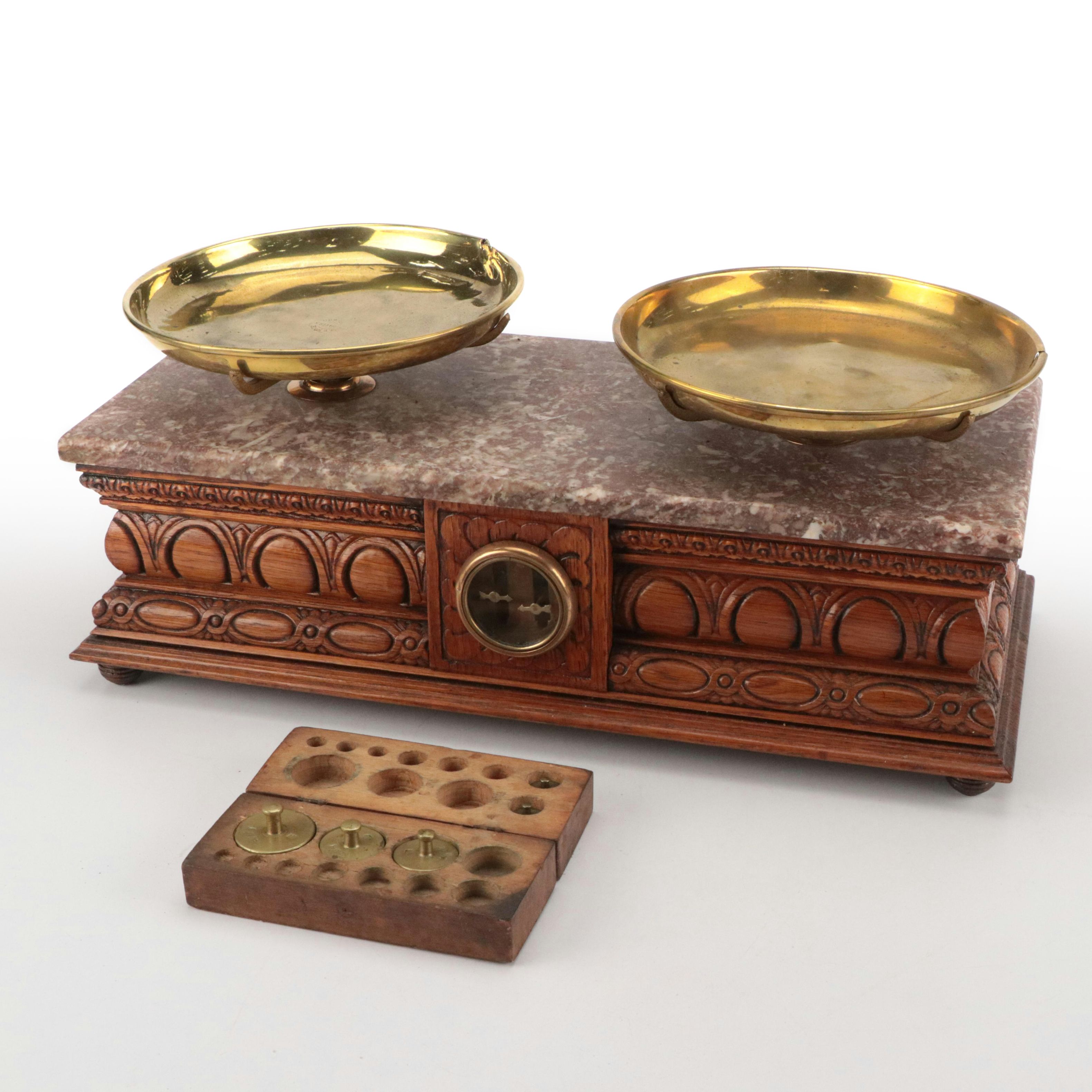 W. P. Hock Marble and Carved Wood Balance Scale with Weights