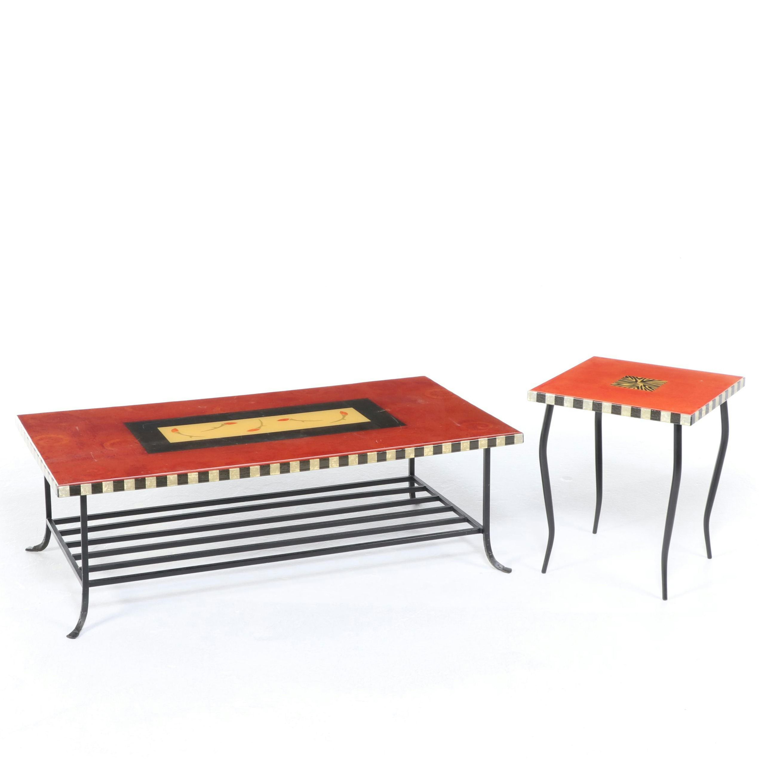 Contemporary Paint-Decorated Wood and Metal Coffee Table and End Table