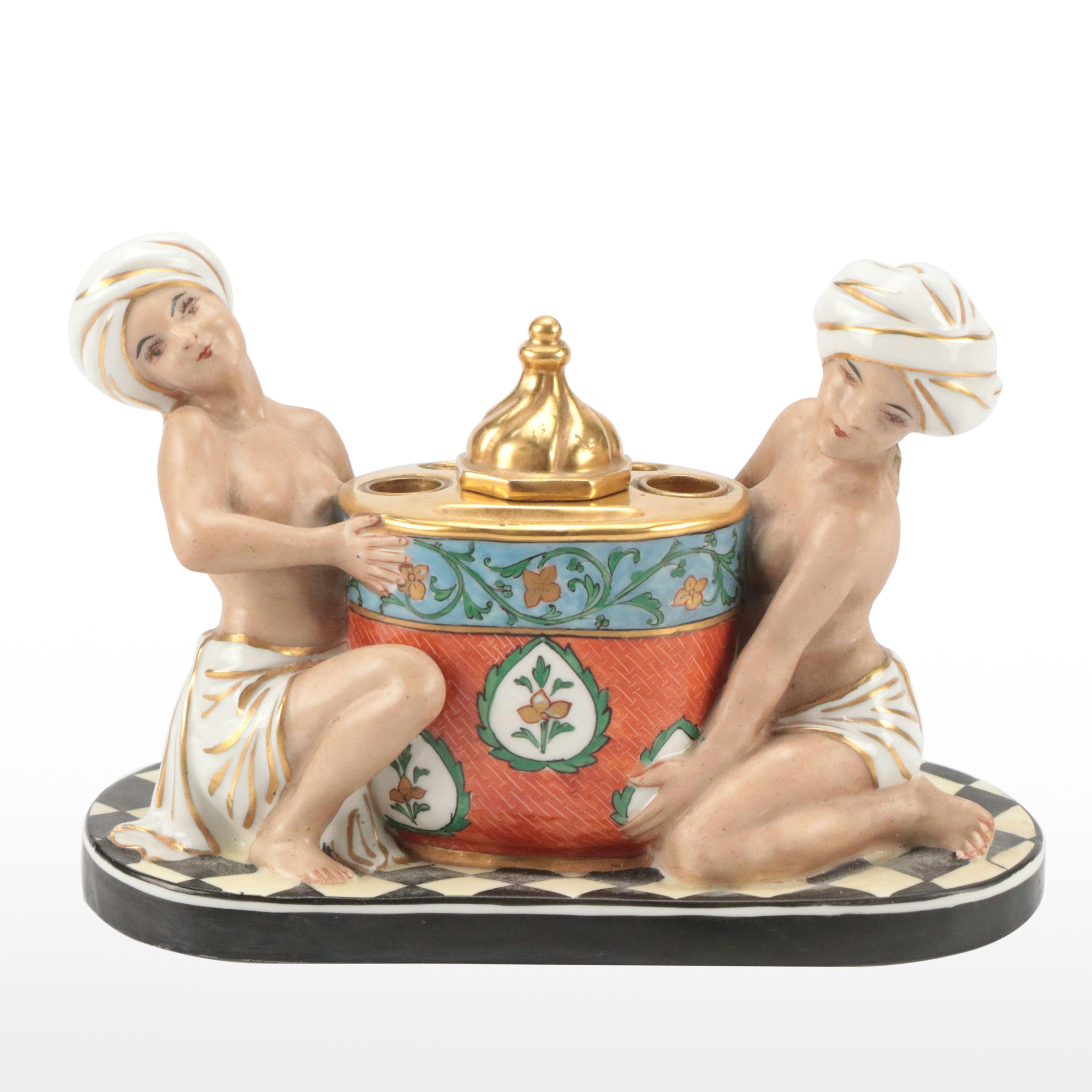 French Art Nouveau Style Porcelain Inkwell, Late 19th/Early 20th Century