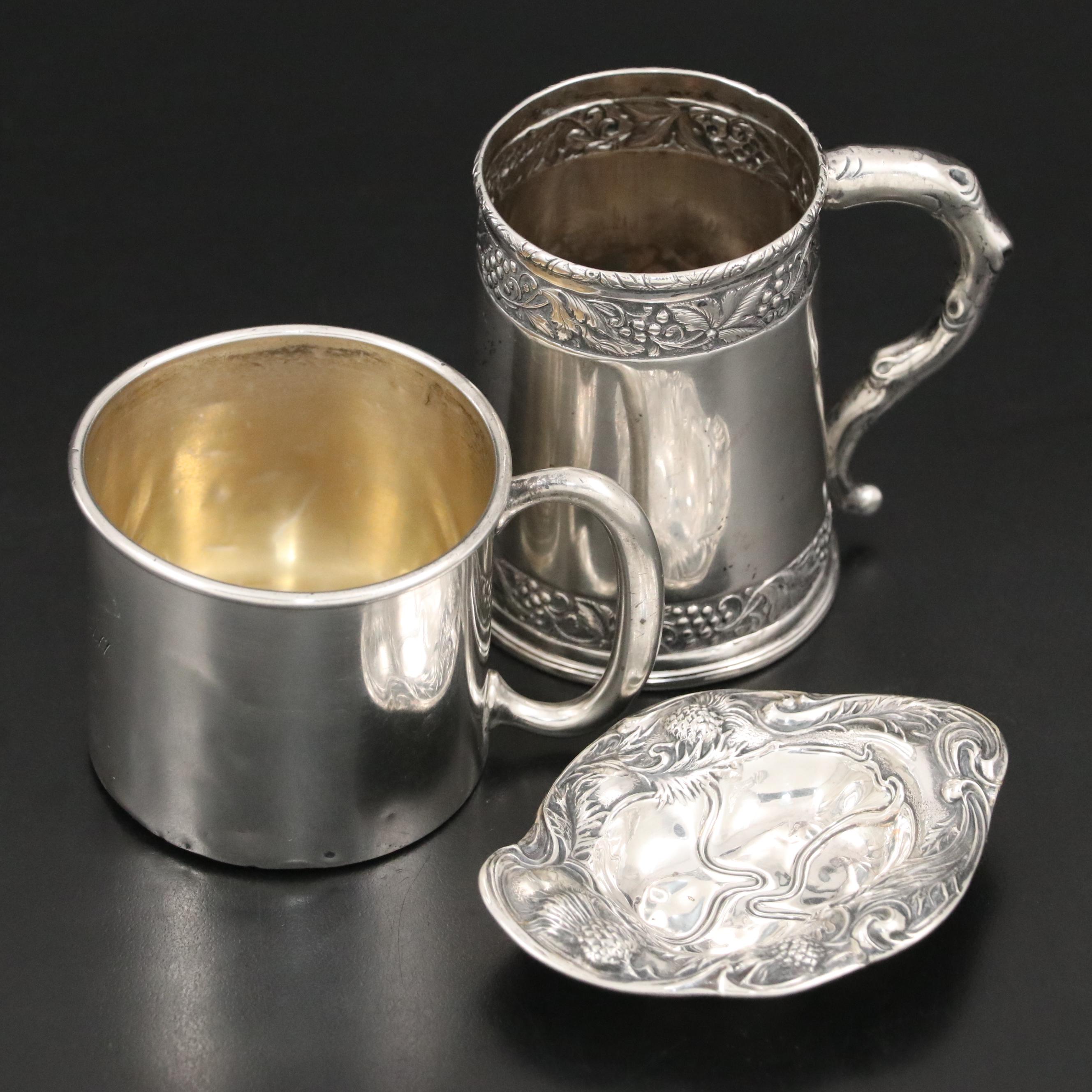 Webster Art Nouveau Thistle Sterling Pin Tray with Engraved Sterling Silver Mugs