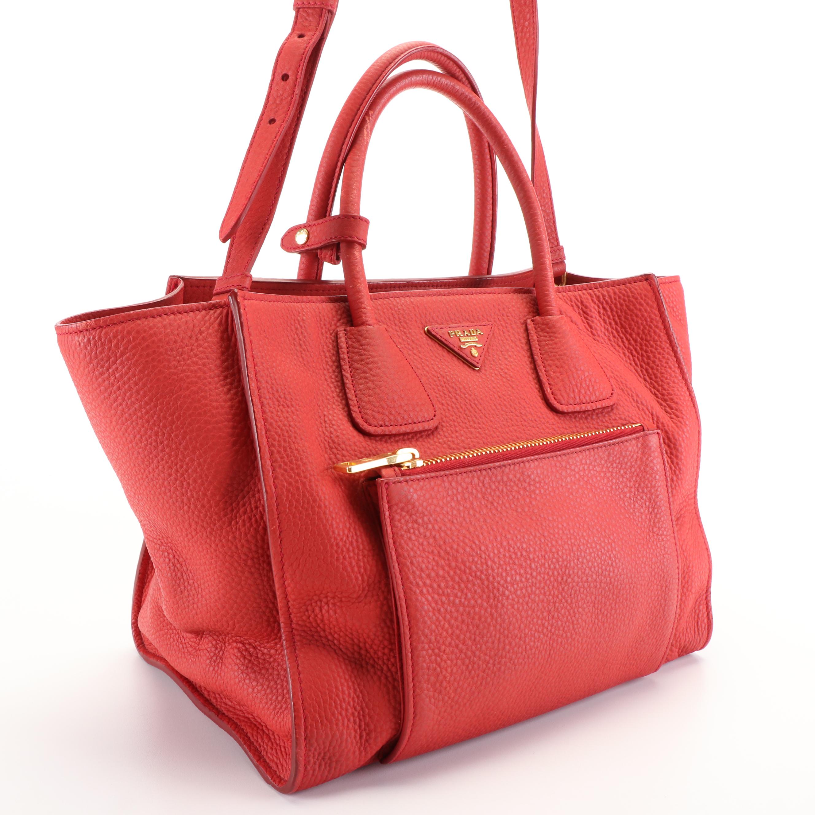 Prada Front Pocket Wing Convertible Tote in Red Vitello Daino Leather
