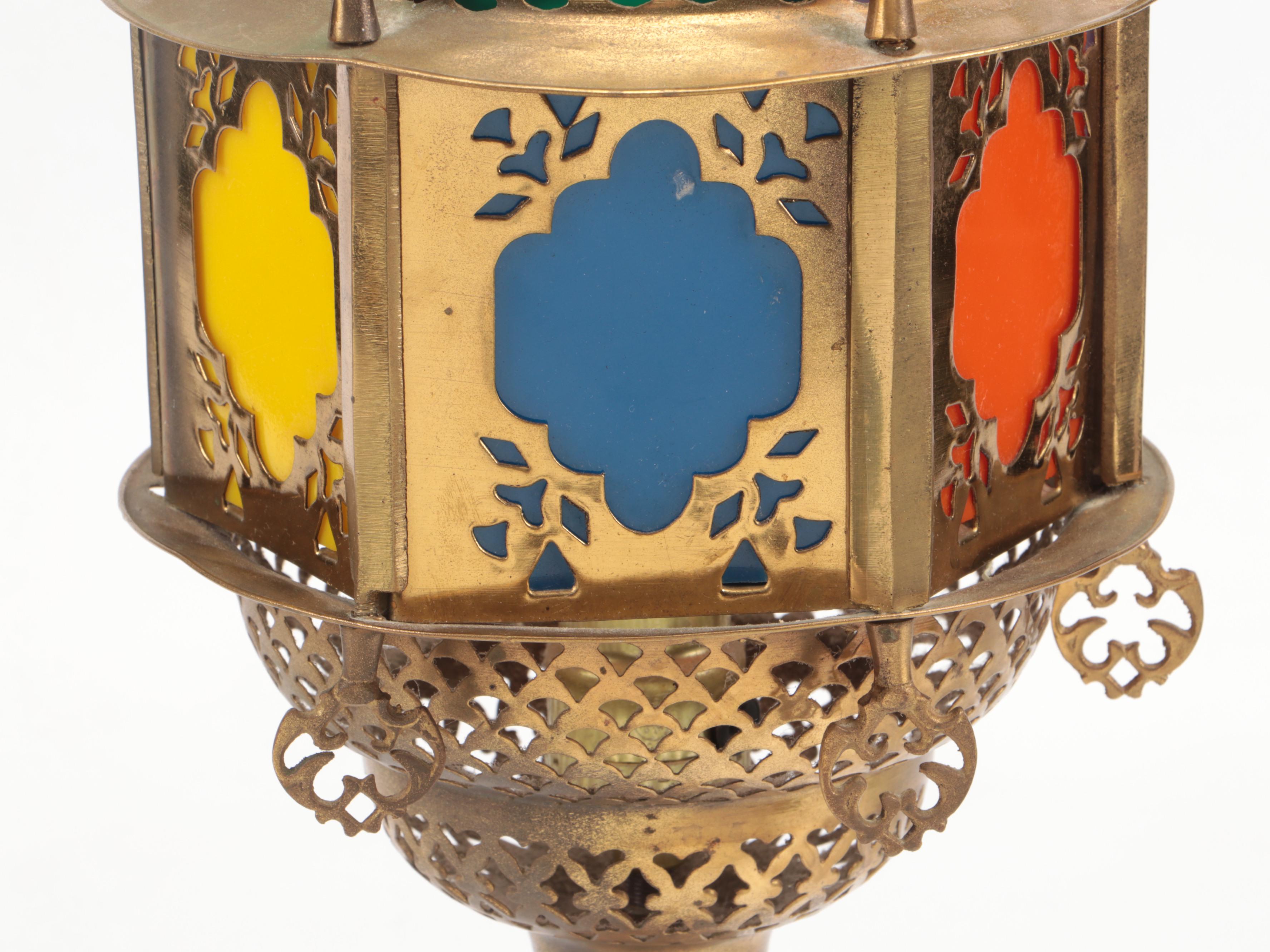 Persian Style Colored Glass Panel Pierced Brass Lamp on Marble Base, Mid-20th C