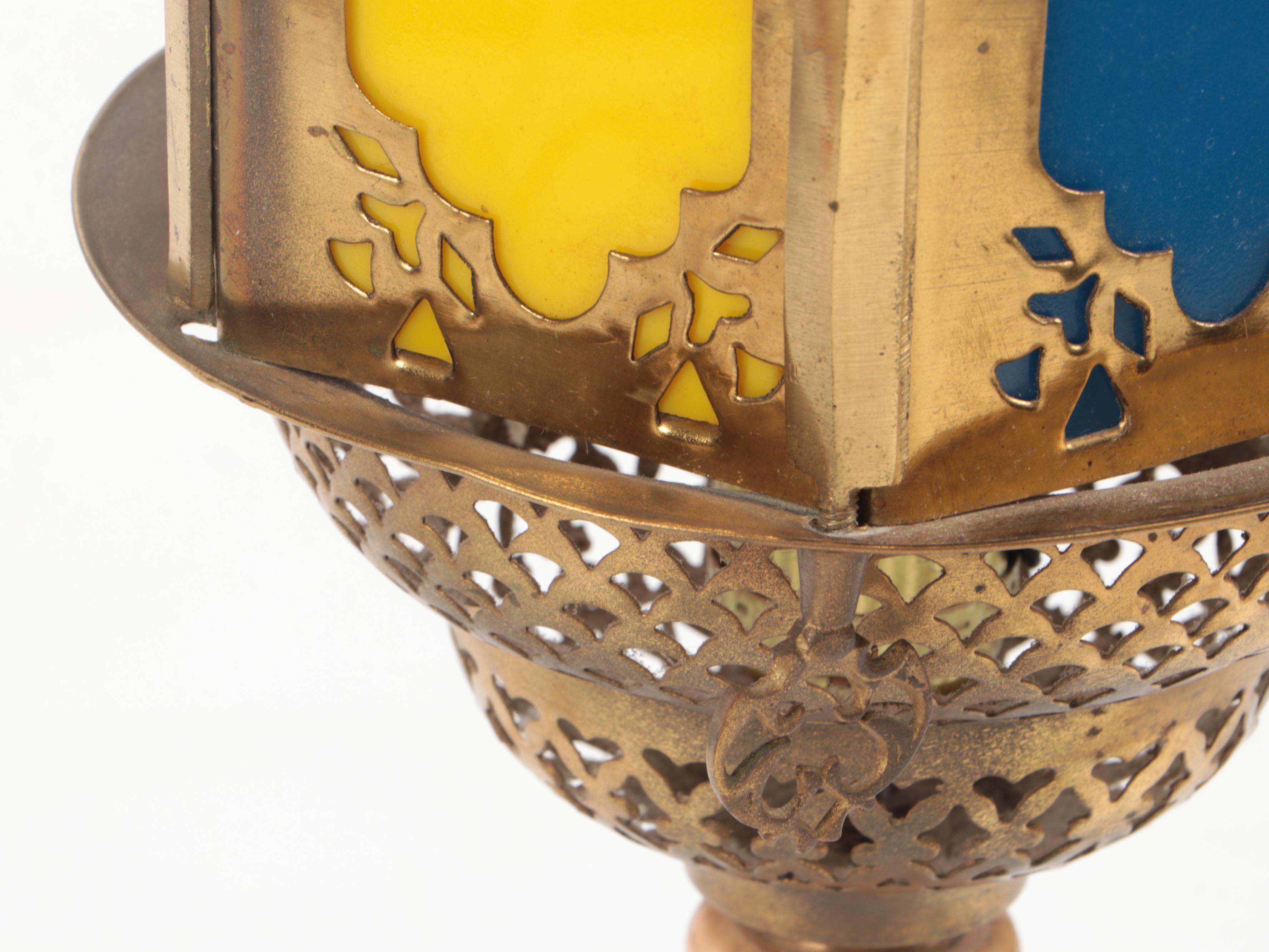 Persian Style Colored Glass Panel Pierced Brass Lamp on Marble Base, Mid-20th C