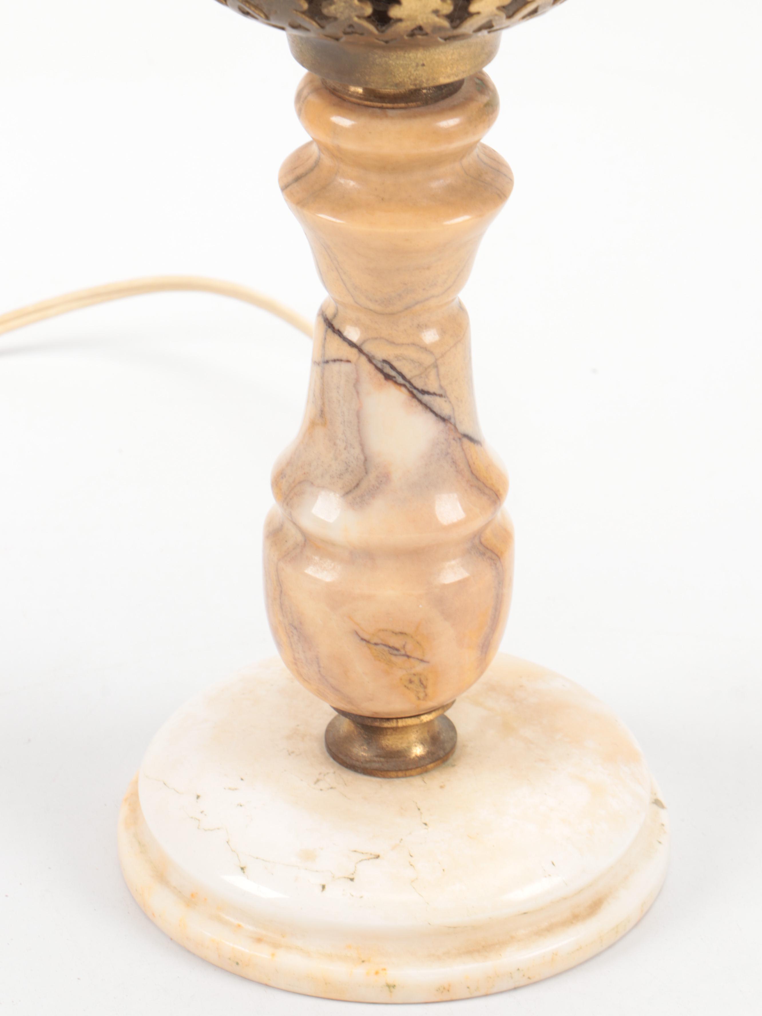 Persian Style Colored Glass Panel Pierced Brass Lamp on Marble Base, Mid-20th C