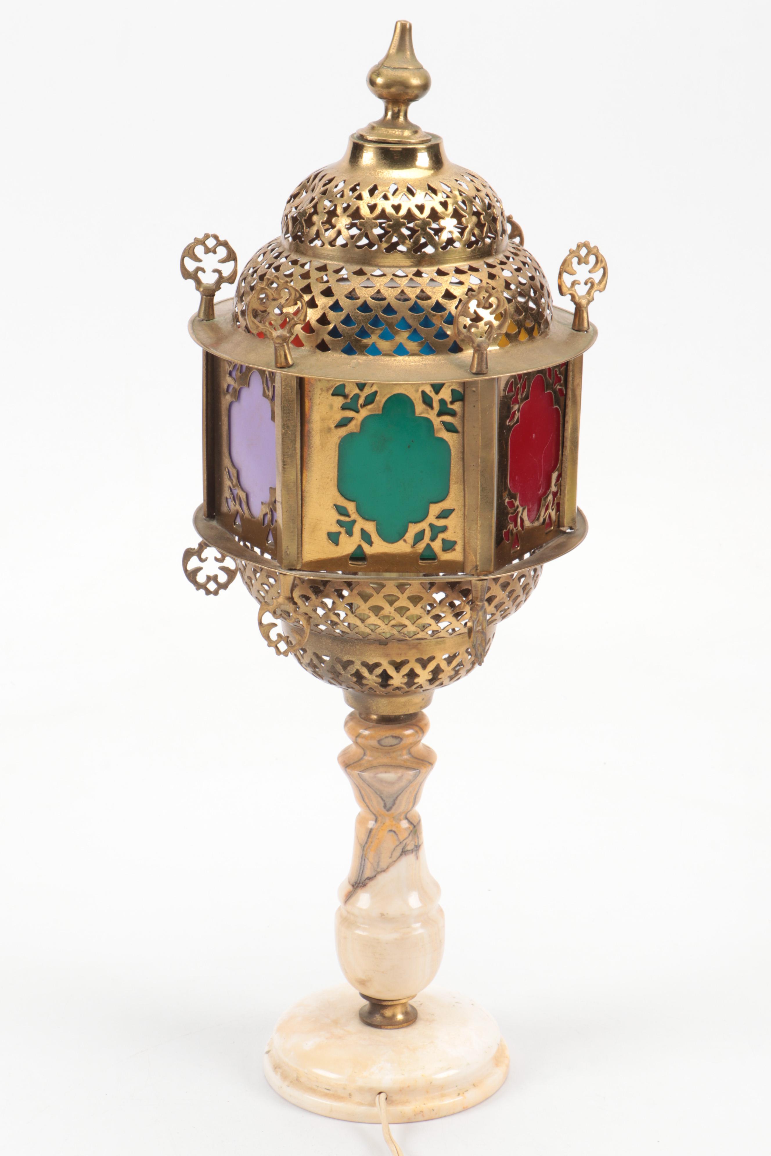 Persian Style Colored Glass Panel Pierced Brass Lamp on Marble Base, Mid-20th C