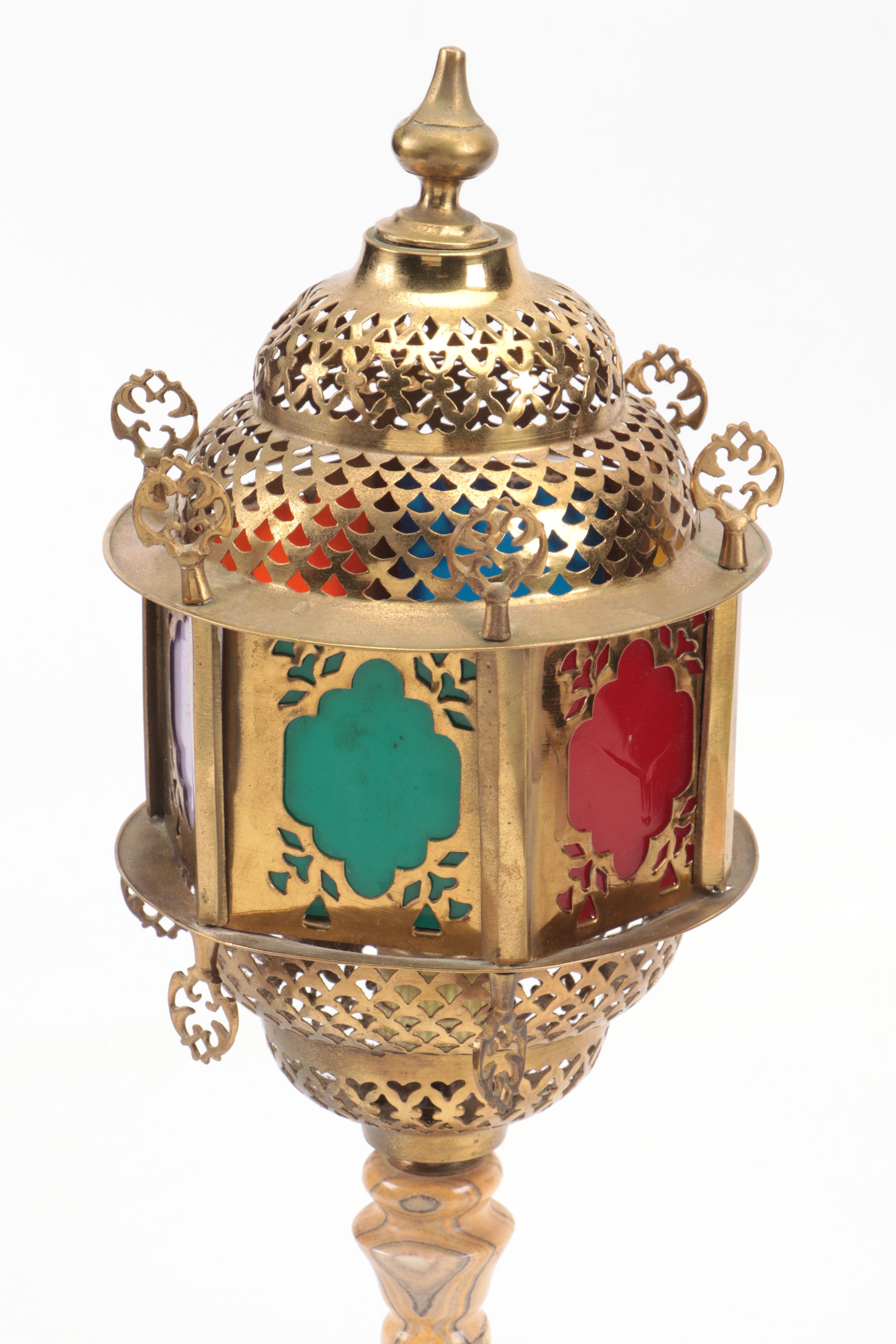 Persian Style Colored Glass Panel Pierced Brass Lamp on Marble Base, Mid-20th C