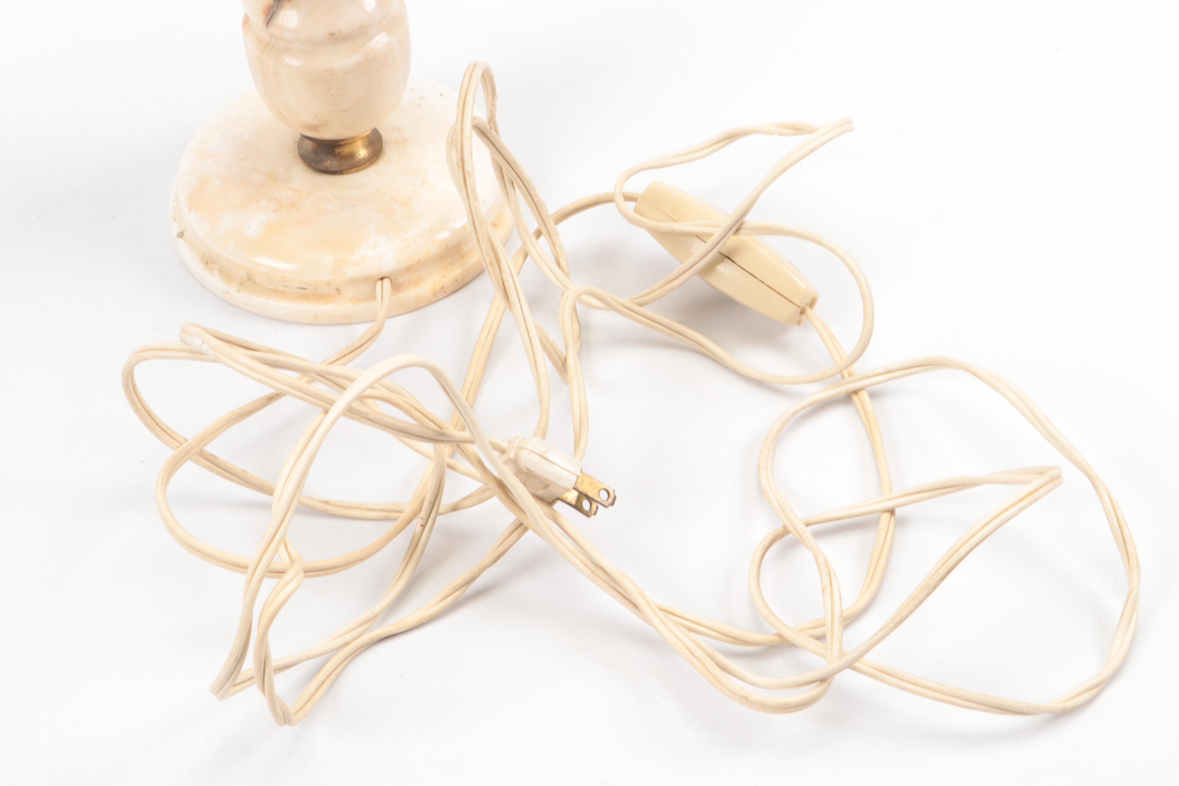 Persian Style Colored Glass Panel Pierced Brass Lamp on Marble Base, Mid-20th C