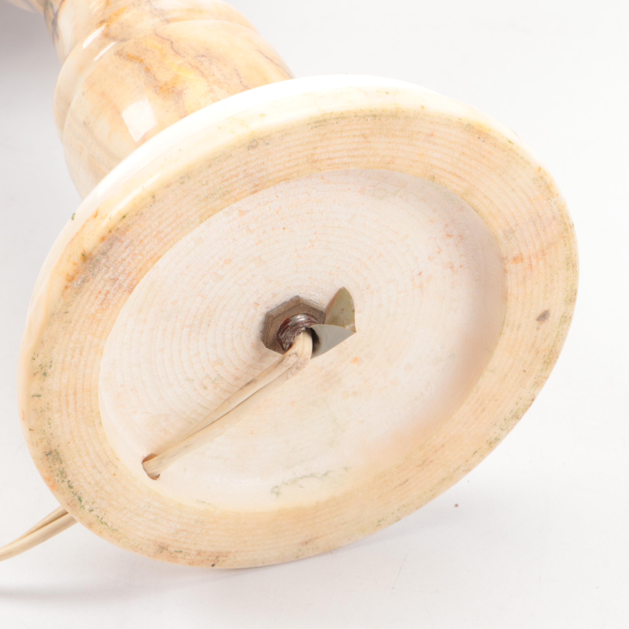 Persian Style Colored Glass Panel Pierced Brass Lamp on Marble Base, Mid-20th C