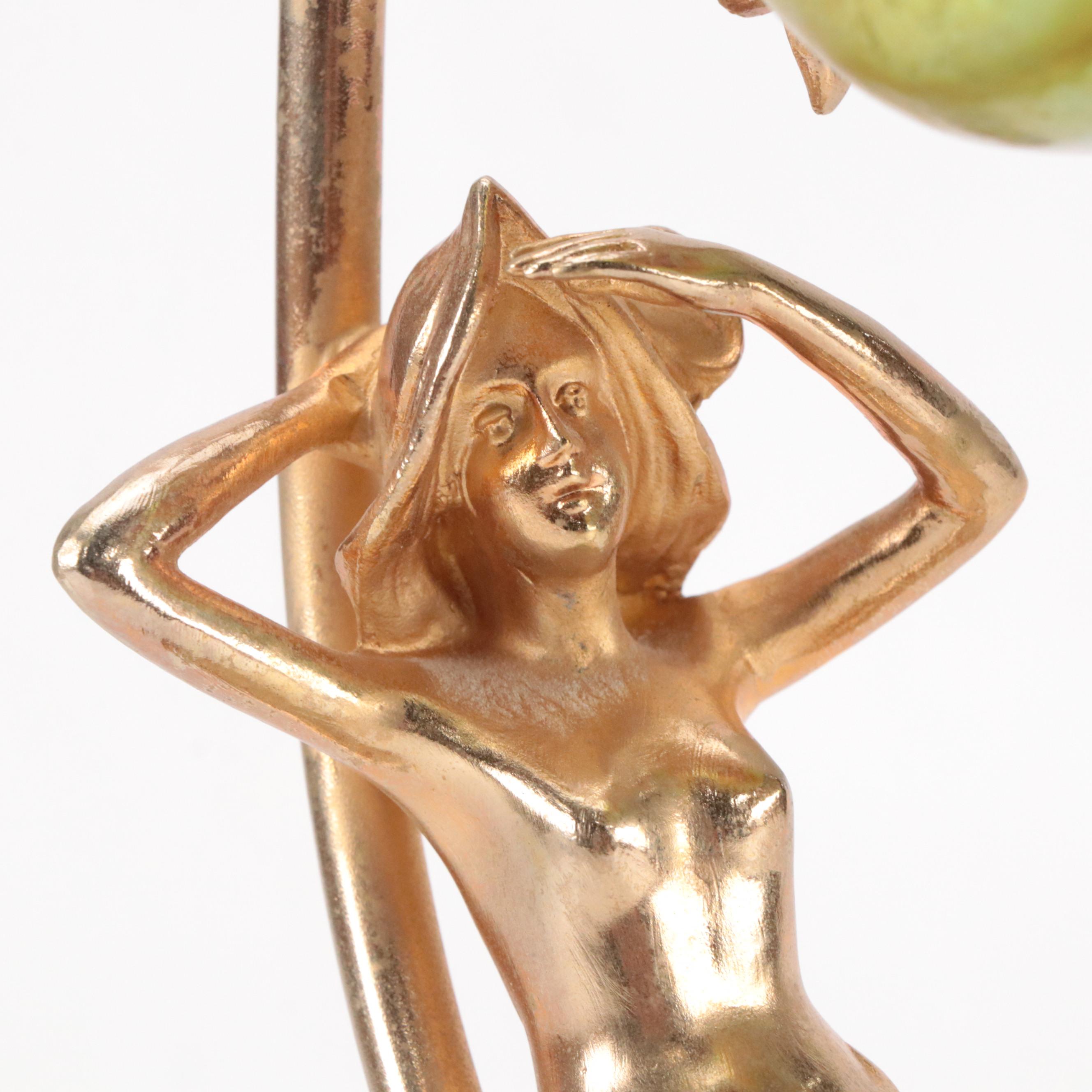 Art Nouveau Style Gilt Metal Figural Lamp & Carl Radke Iridescent Shade, Vintage