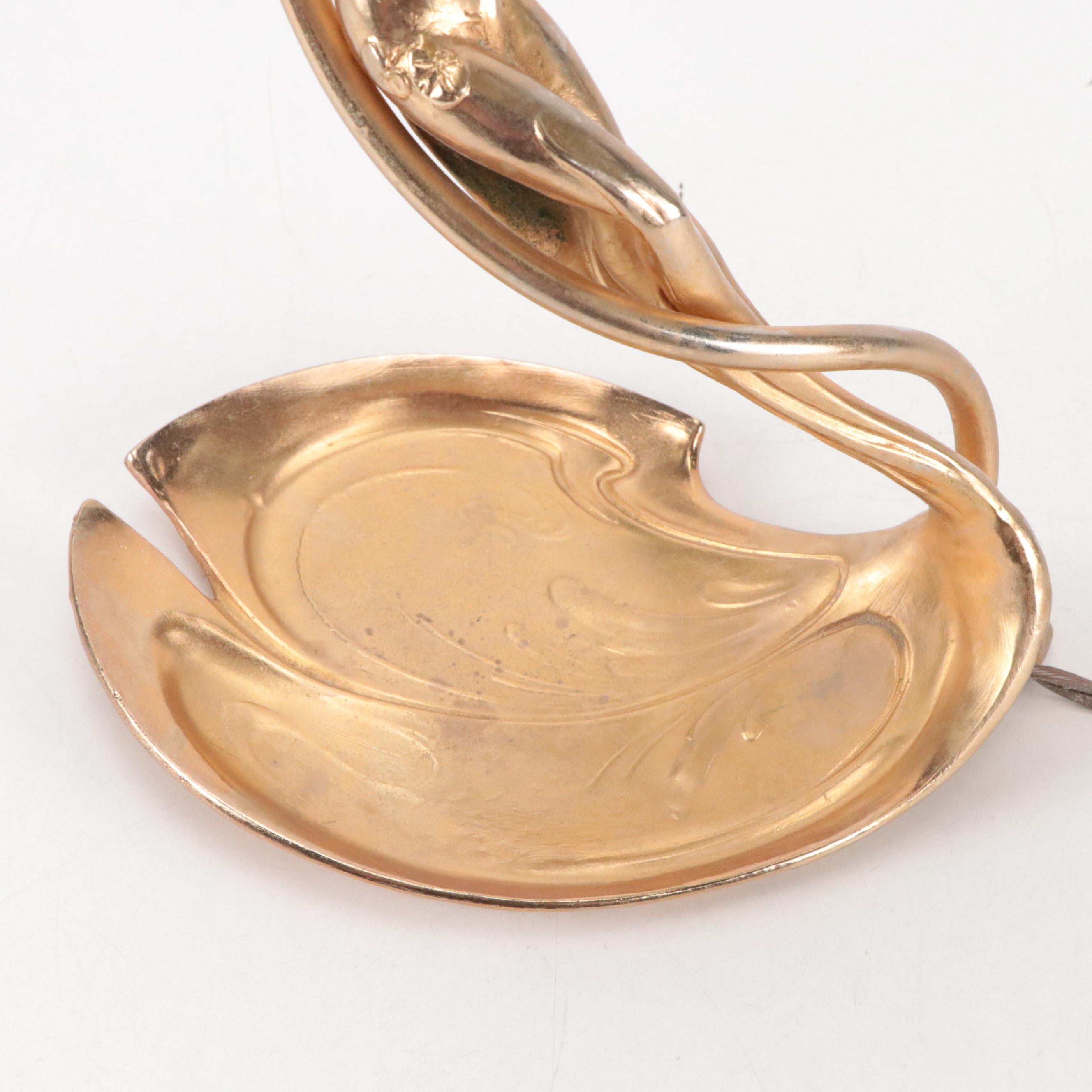 Art Nouveau Style Gilt Metal Figural Lamp & Carl Radke Iridescent Shade, Vintage