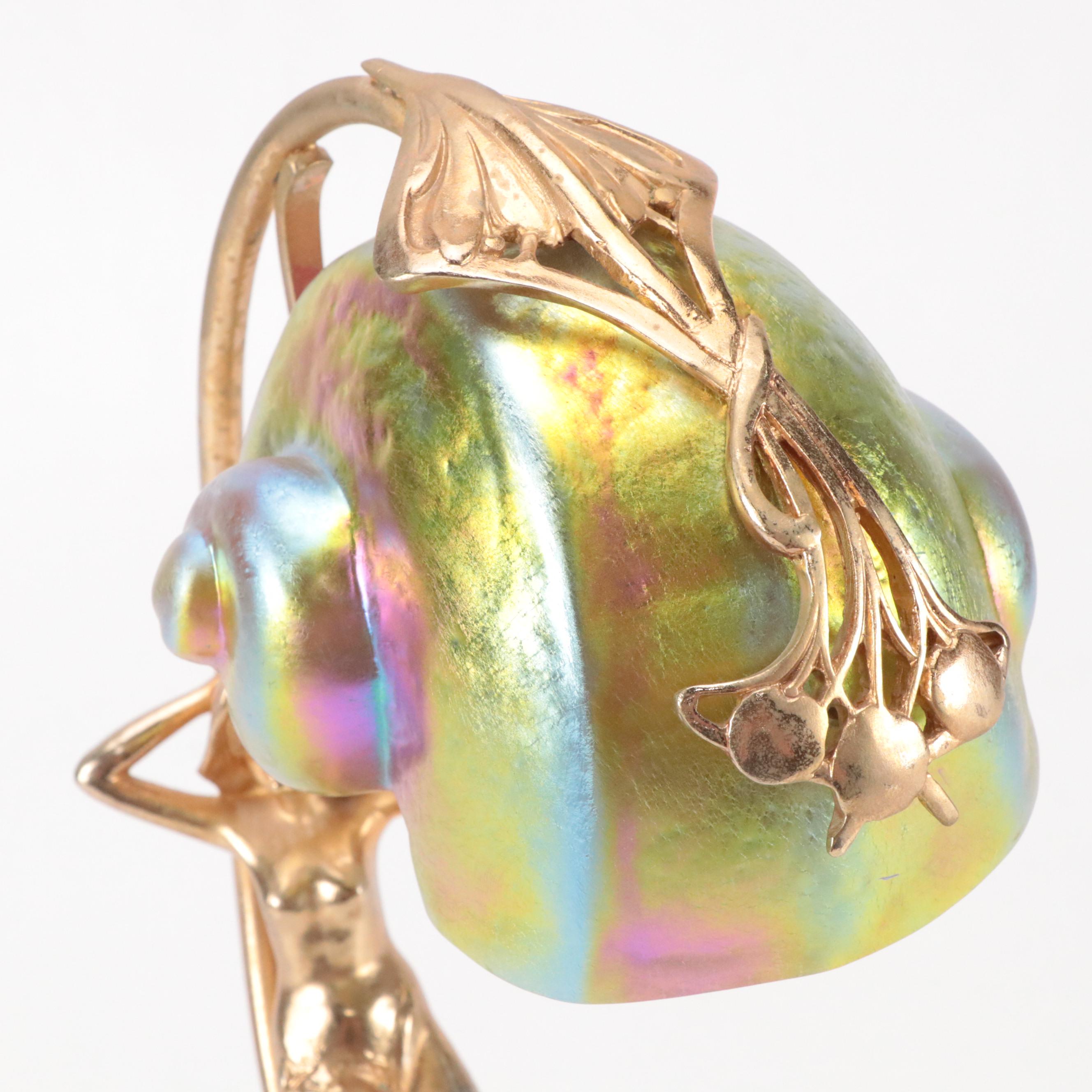 Art Nouveau Style Gilt Metal Figural Lamp & Carl Radke Iridescent Shade, Vintage