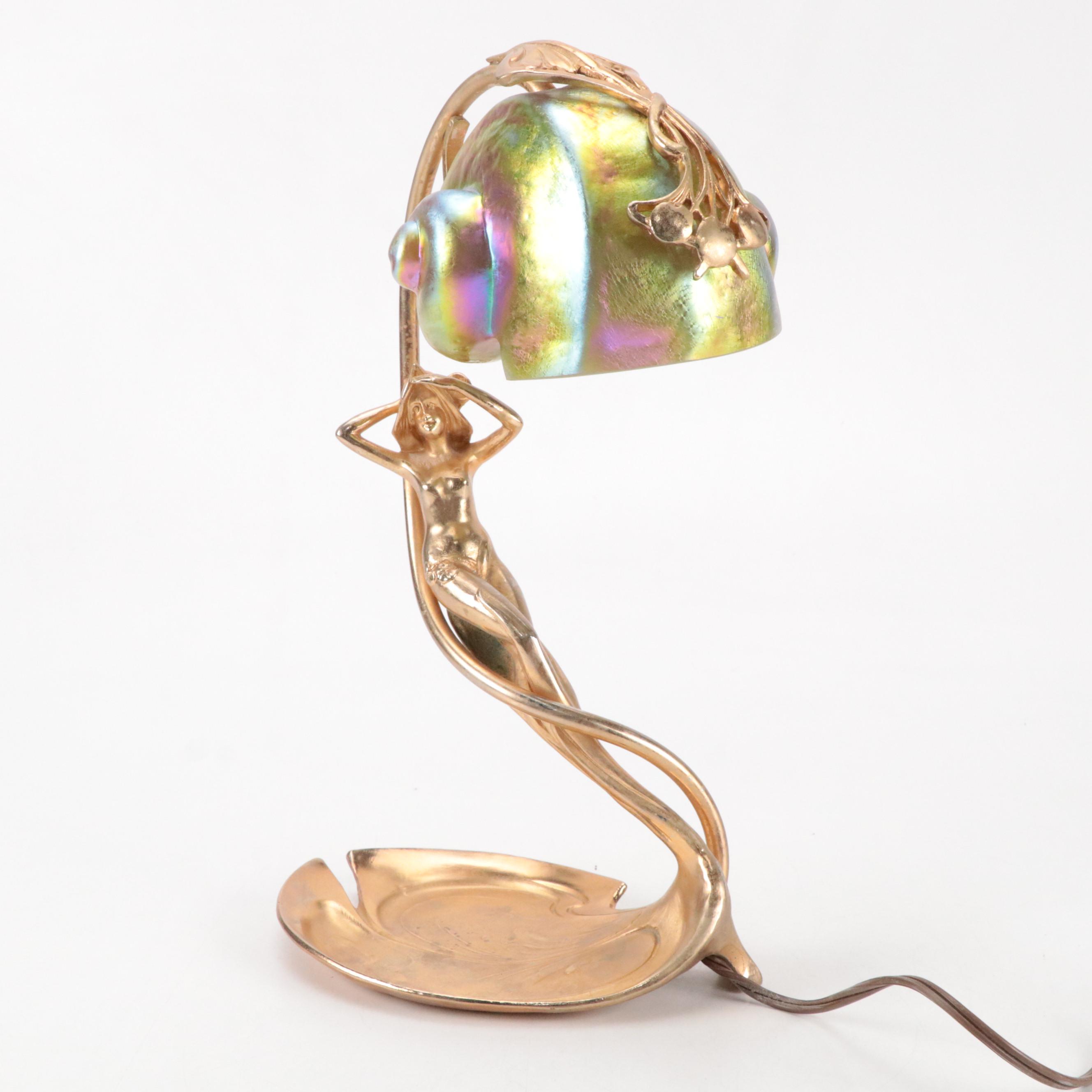 Art Nouveau Style Gilt Metal Figural Lamp & Carl Radke Iridescent Shade, Vintage