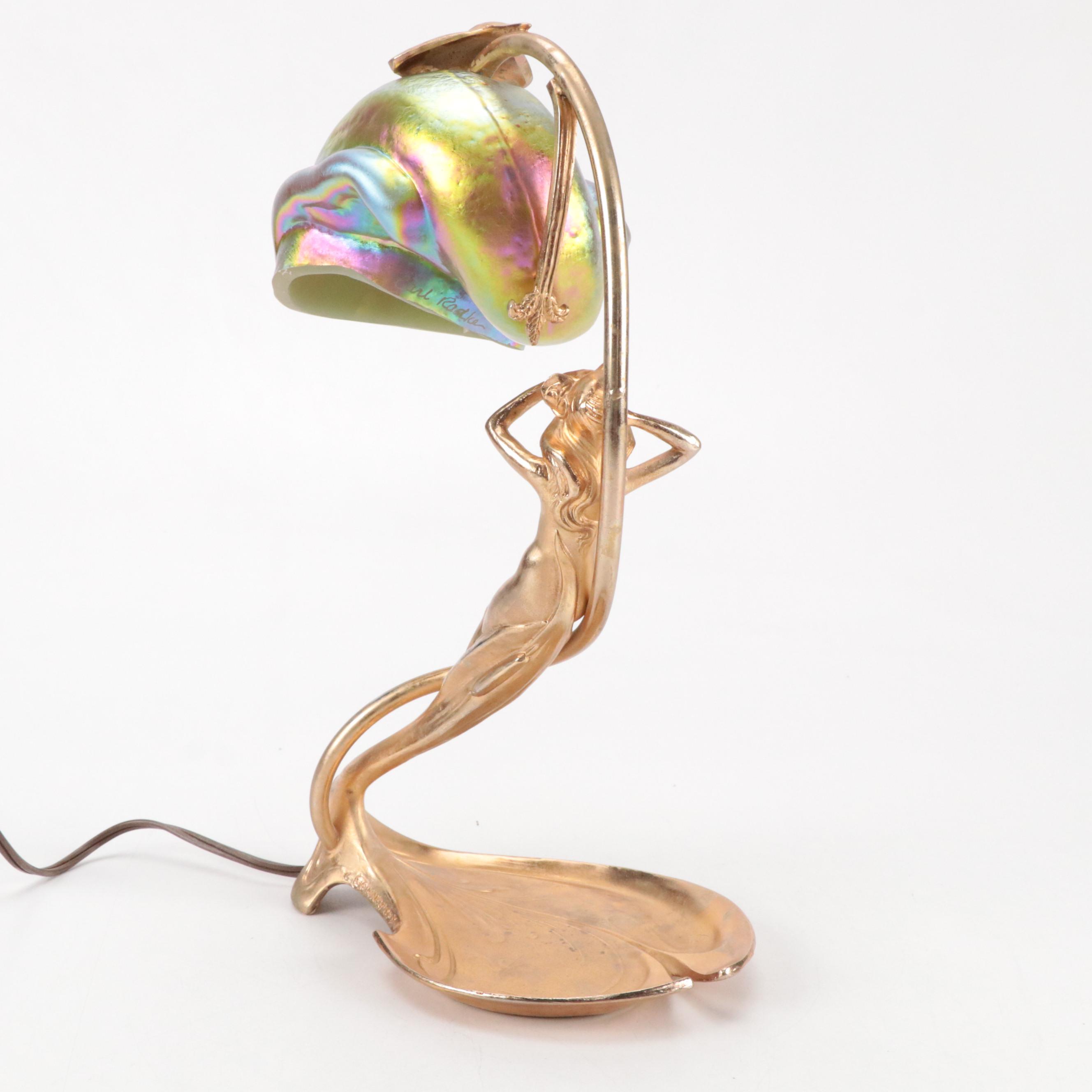 Art Nouveau Style Gilt Metal Figural Lamp & Carl Radke Iridescent Shade, Vintage