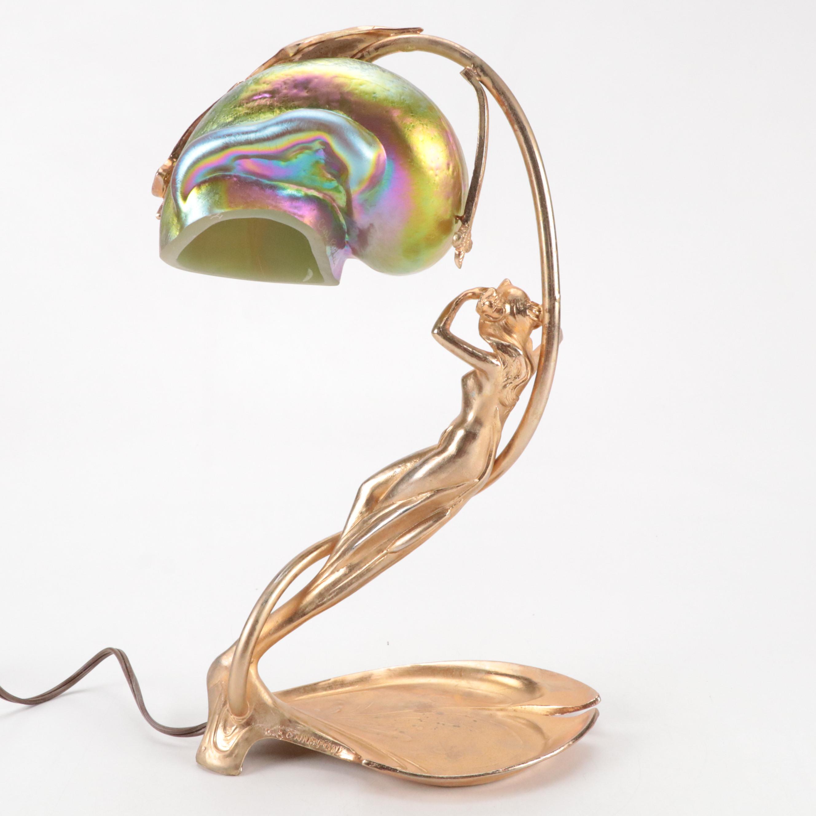 Art Nouveau Style Gilt Metal Figural Lamp & Carl Radke Iridescent Shade, Vintage