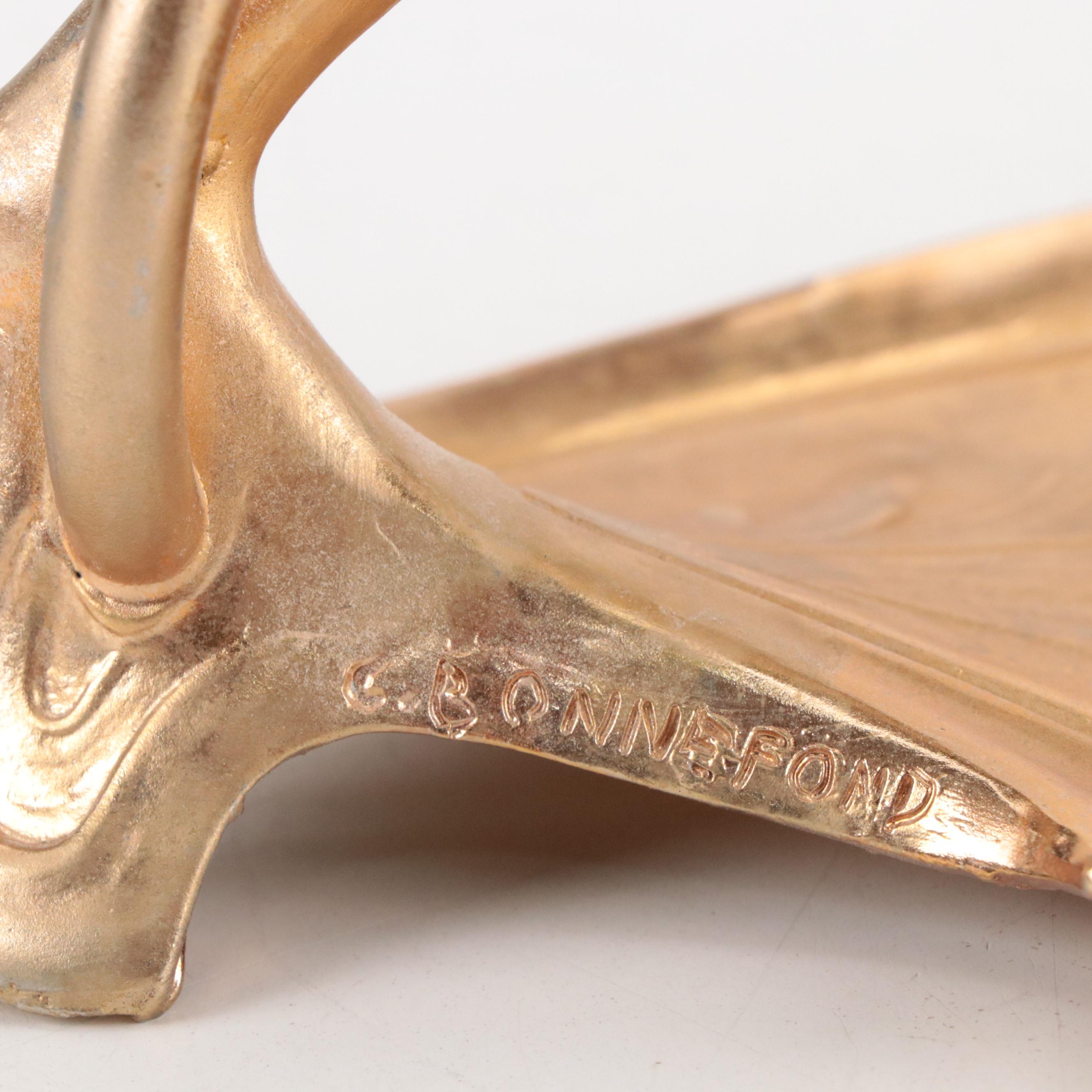 Art Nouveau Style Gilt Metal Figural Lamp & Carl Radke Iridescent Shade, Vintage