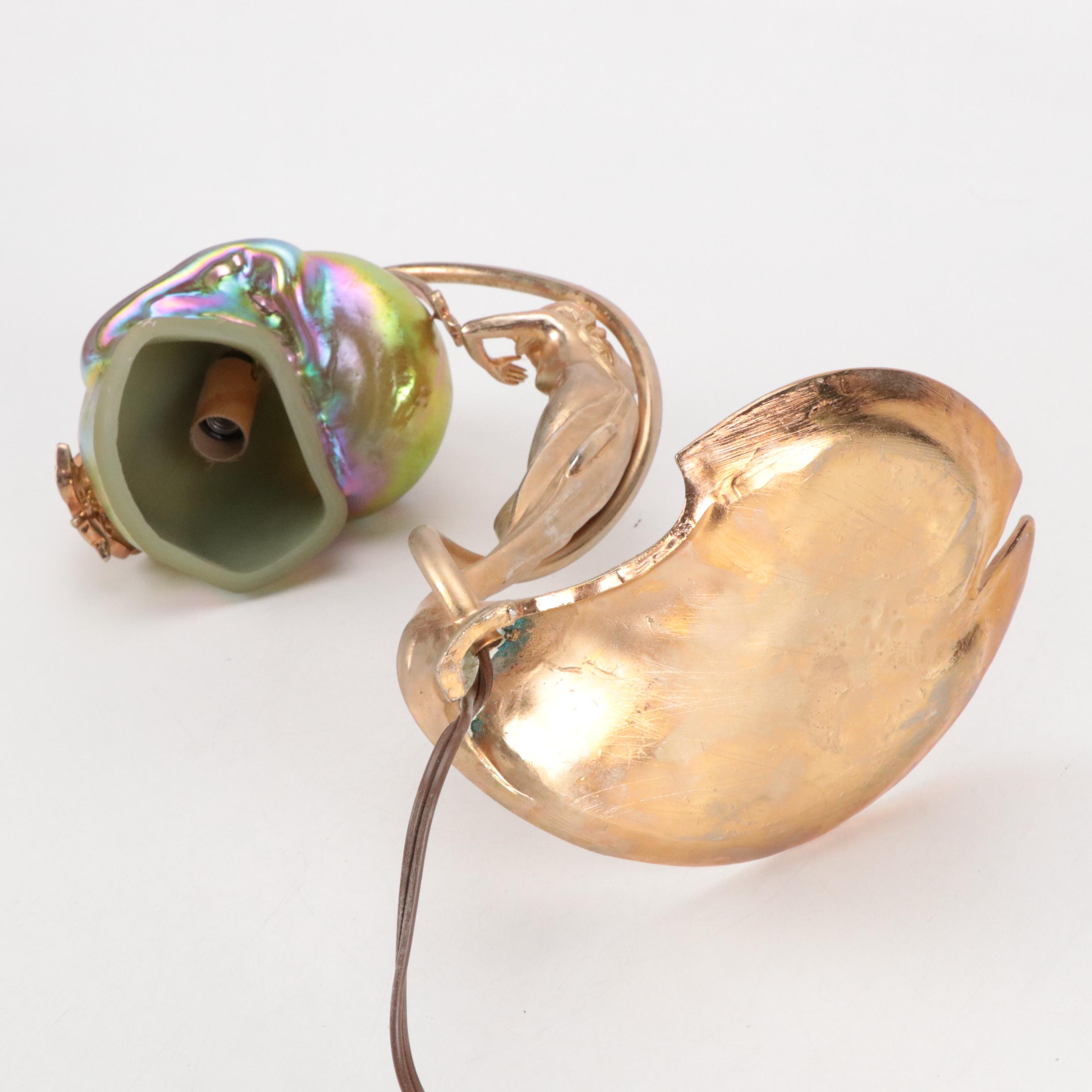 Art Nouveau Style Gilt Metal Figural Lamp & Carl Radke Iridescent Shade, Vintage