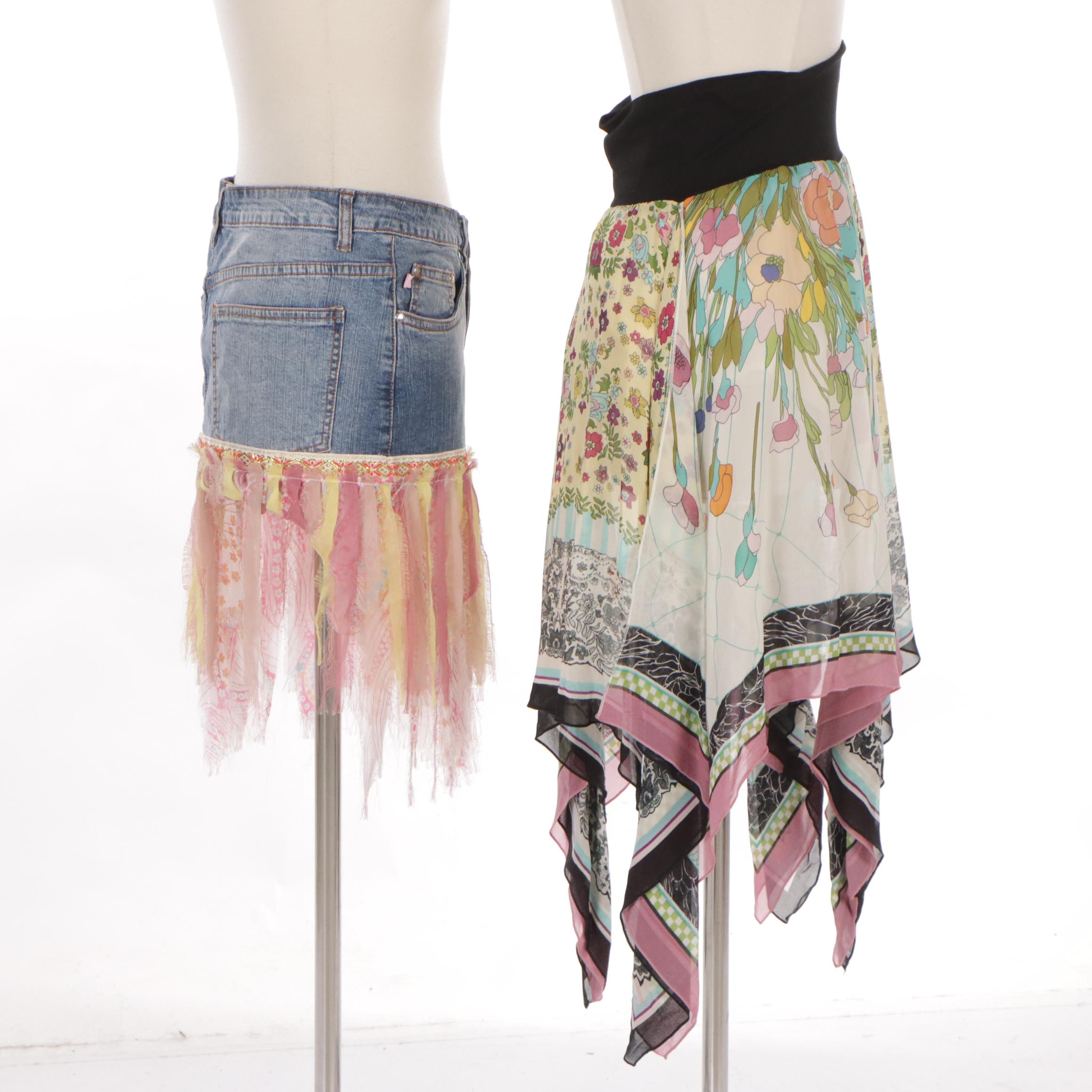 Nicole Miller Silk Handkerchief Skirt & Crest Multi-Textile Fringed Denim Skirt