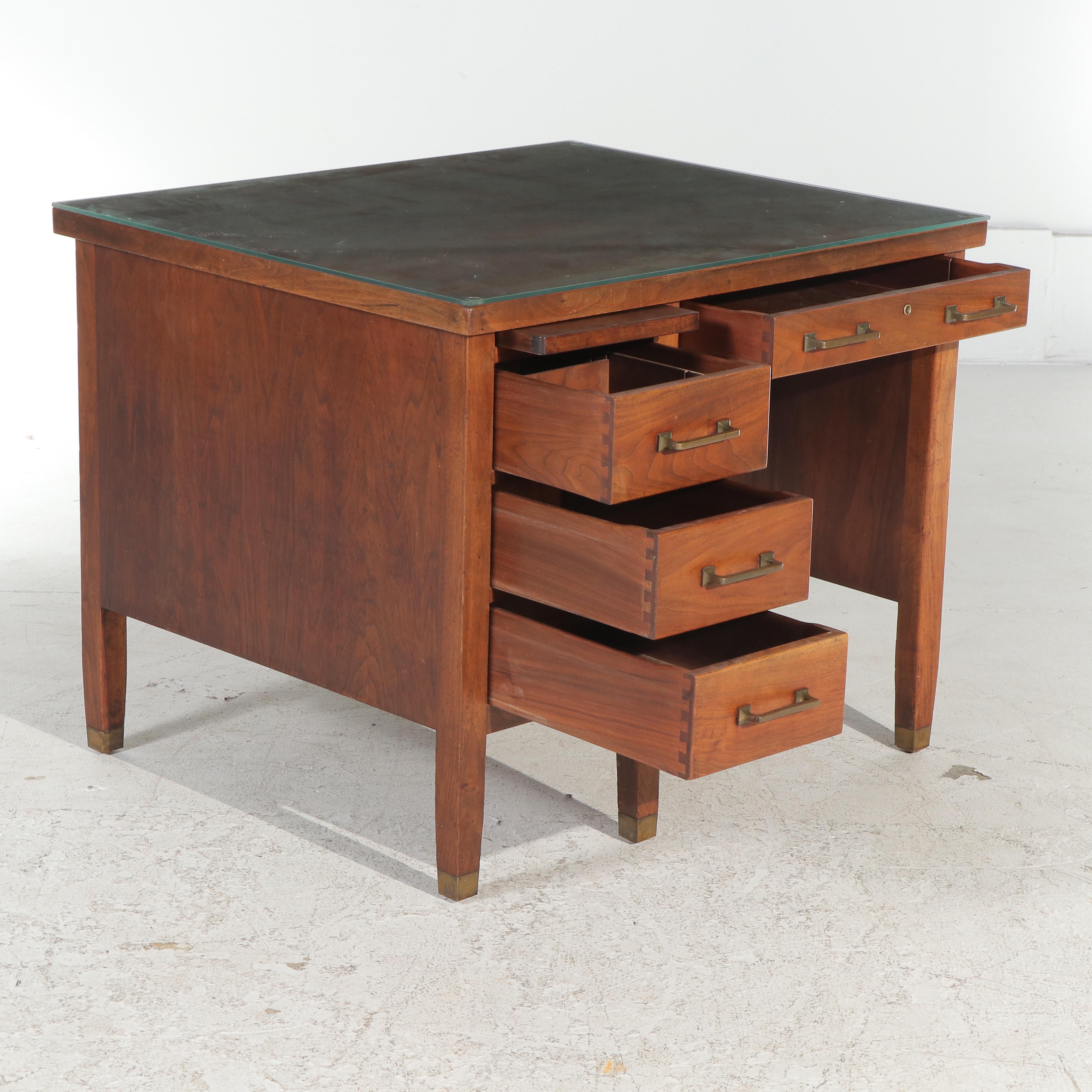 David Kramer Inc. Four-Drawer Walnut Desk with Acrylic Top, Mid-20th Century