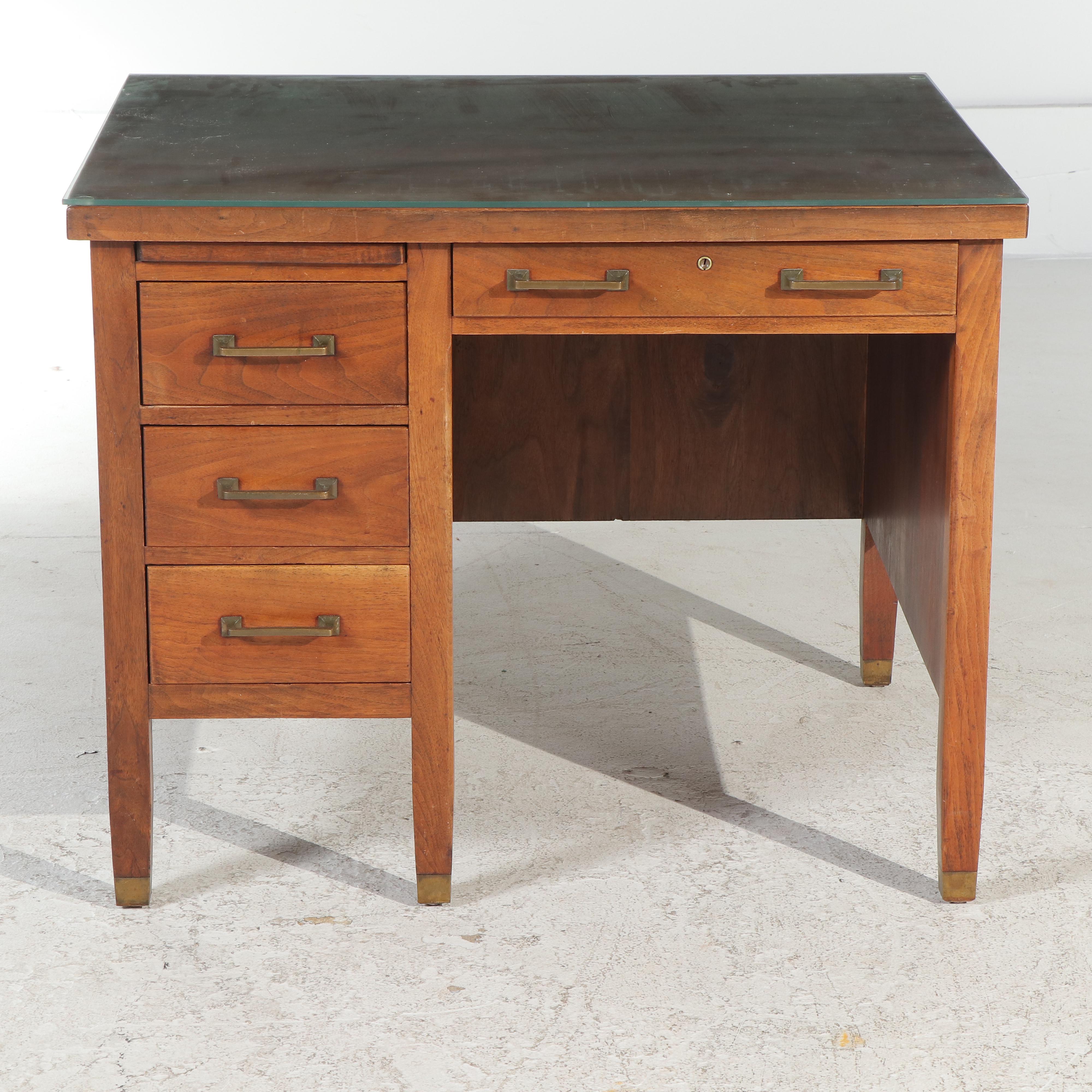 David Kramer Inc. Four-Drawer Walnut Desk with Acrylic Top, Mid-20th Century