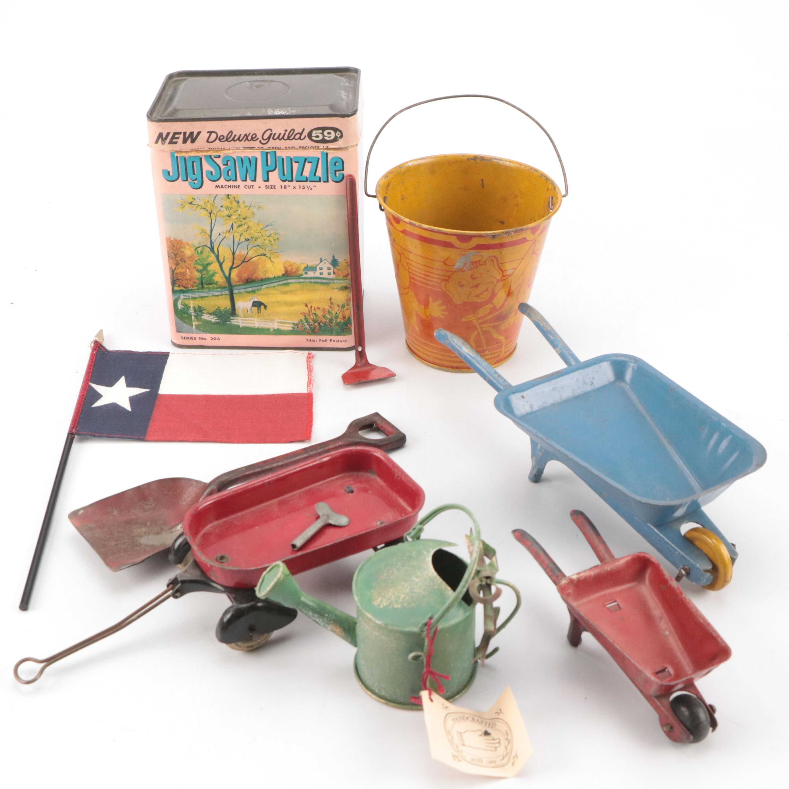 Cast Metal Toy Wheelbarrows and Wagon with Fall Pasture Jigsaw Puzzle and More
