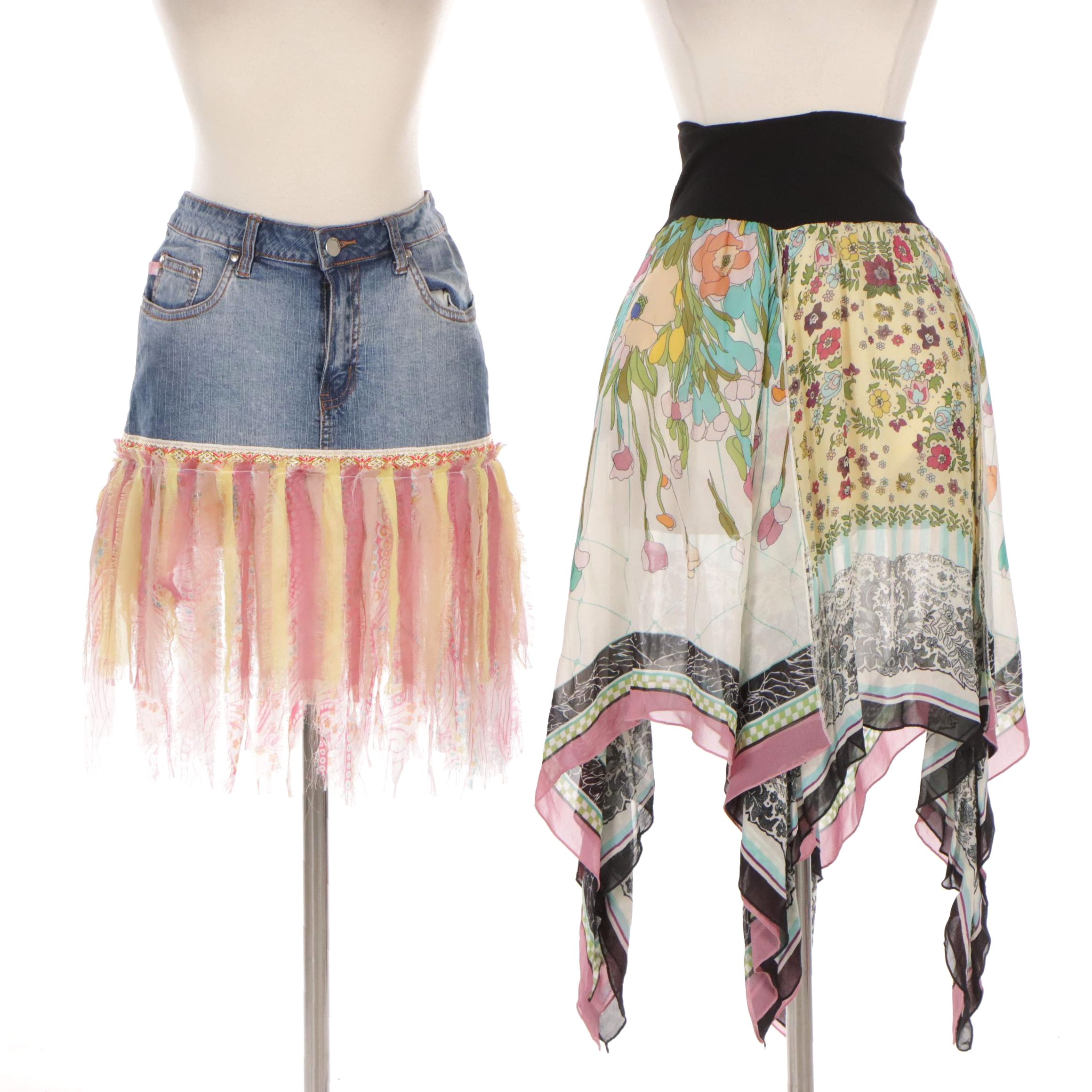 Nicole Miller Silk Handkerchief Skirt & Crest Multi-Textile Fringed Denim Skirt