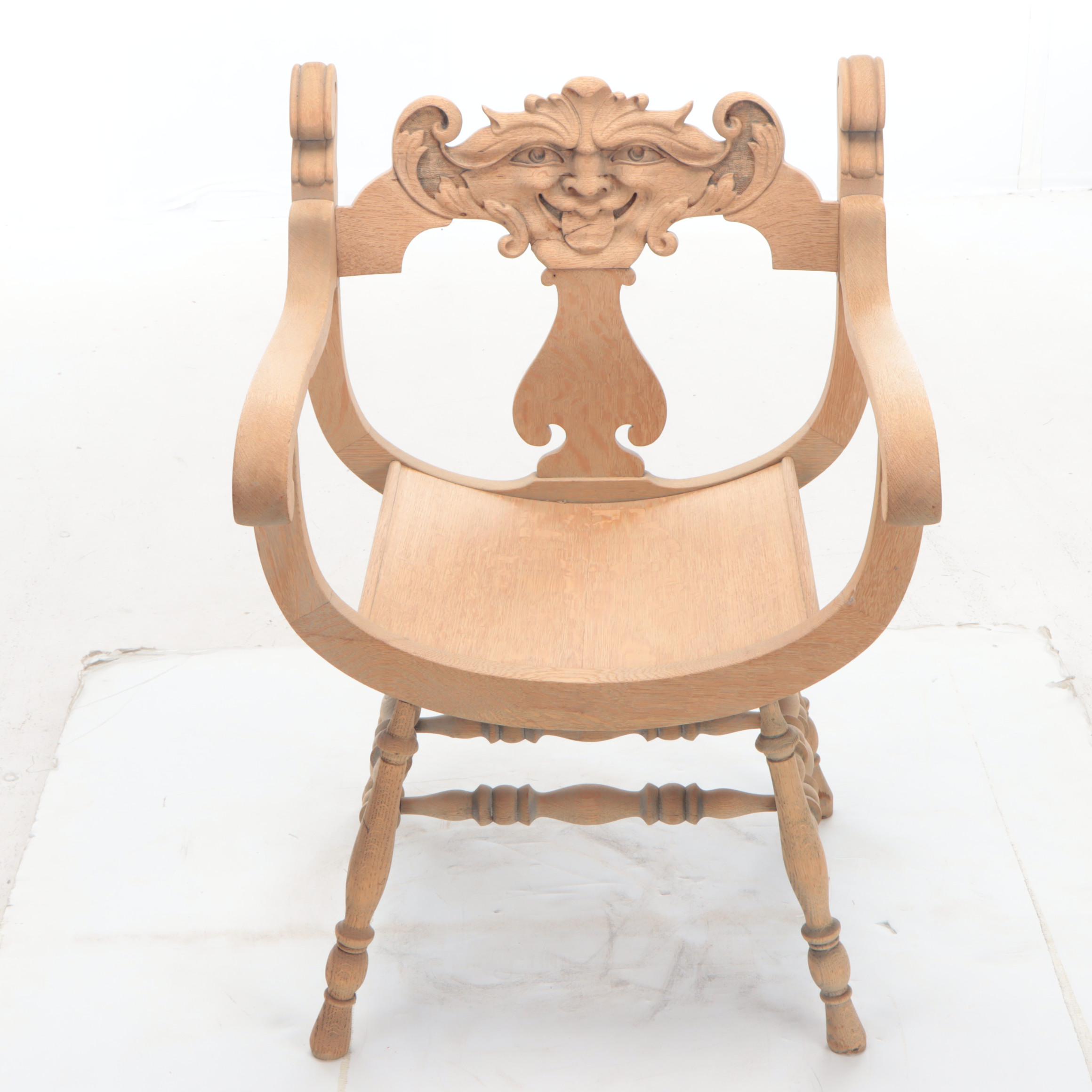 Renaissance Revival Style Carved Oak Northwind Face Savonarola Chair