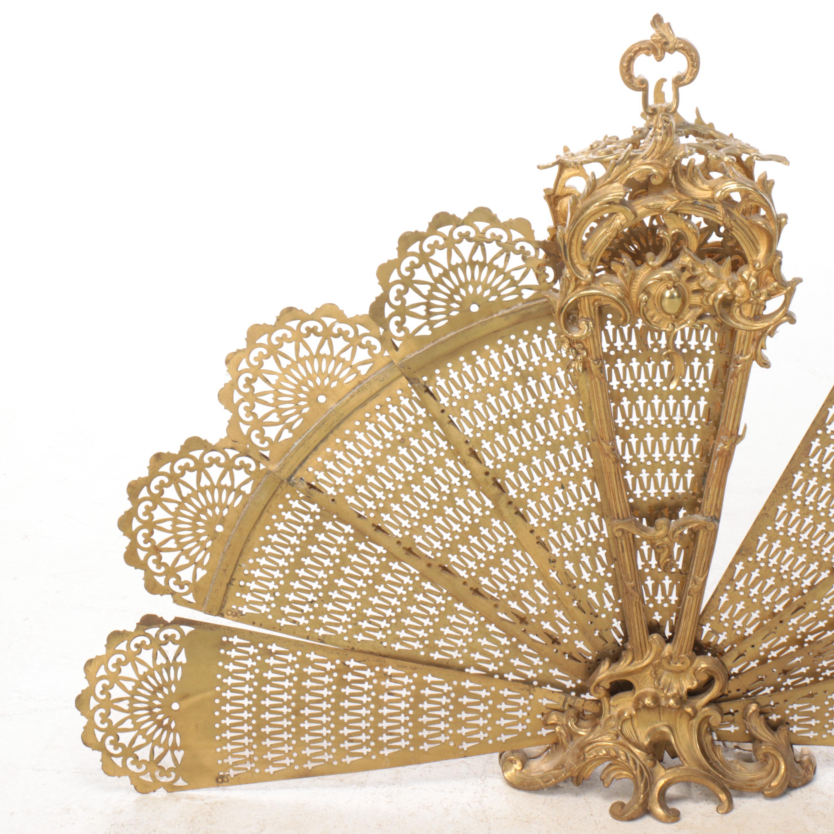 Rococo Brass Peacock Fan Folding Fireplace Screen