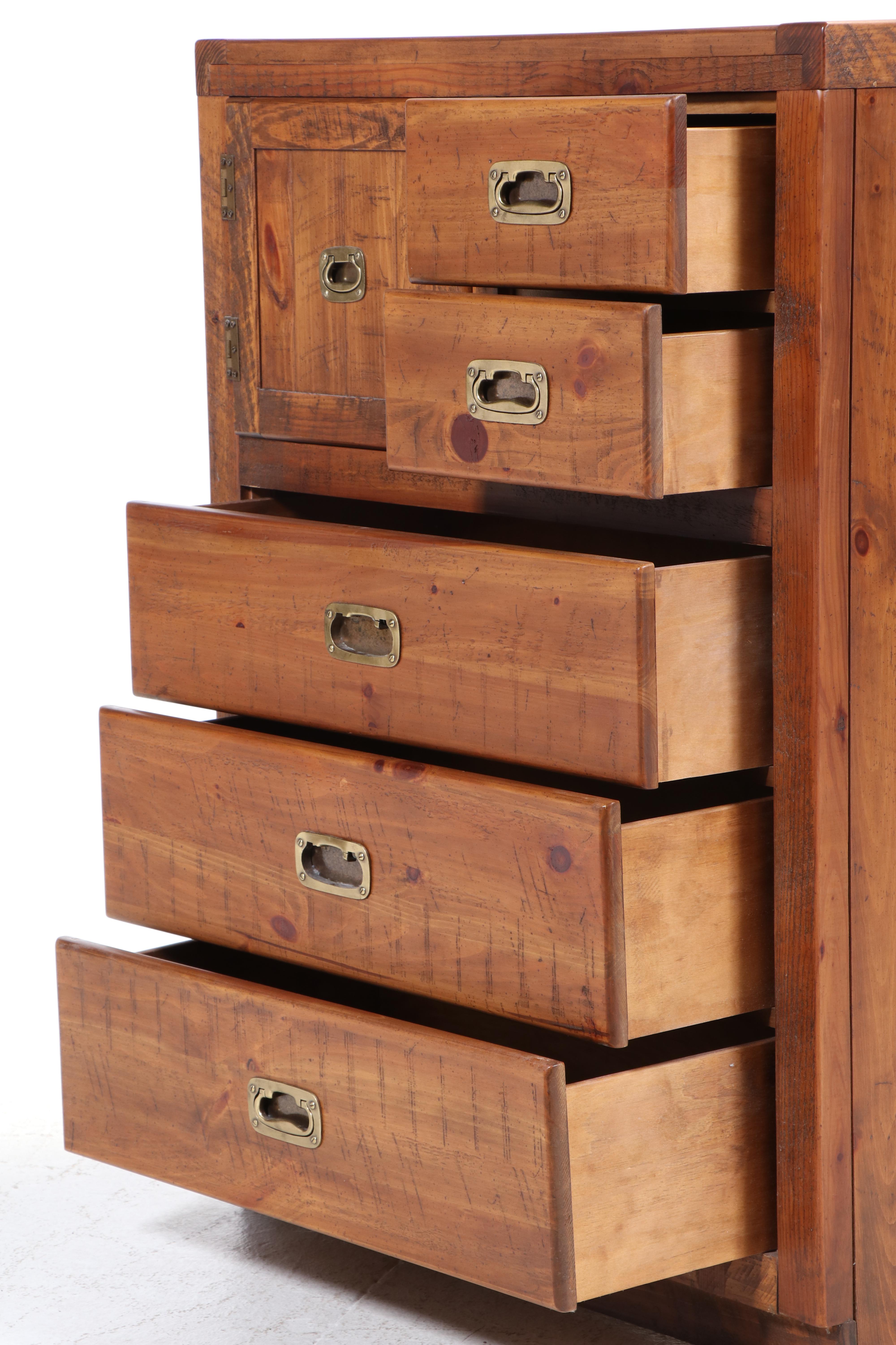 Young-Hinkle Campaign Style Pine Five-Drawer Hat Box Chest, Late 20th Century