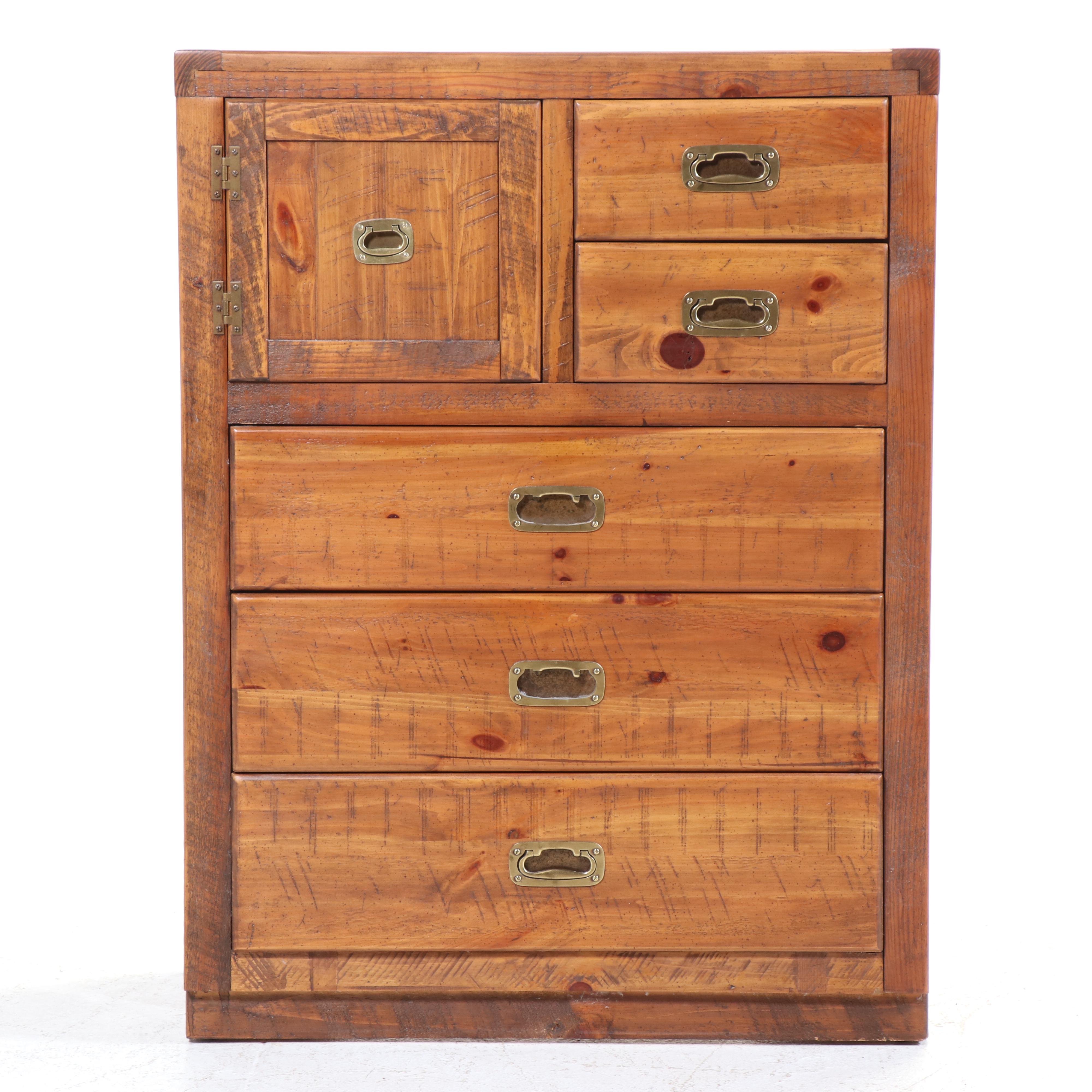 Young-Hinkle Campaign Style Pine Five-Drawer Hat Box Chest, Late 20th Century