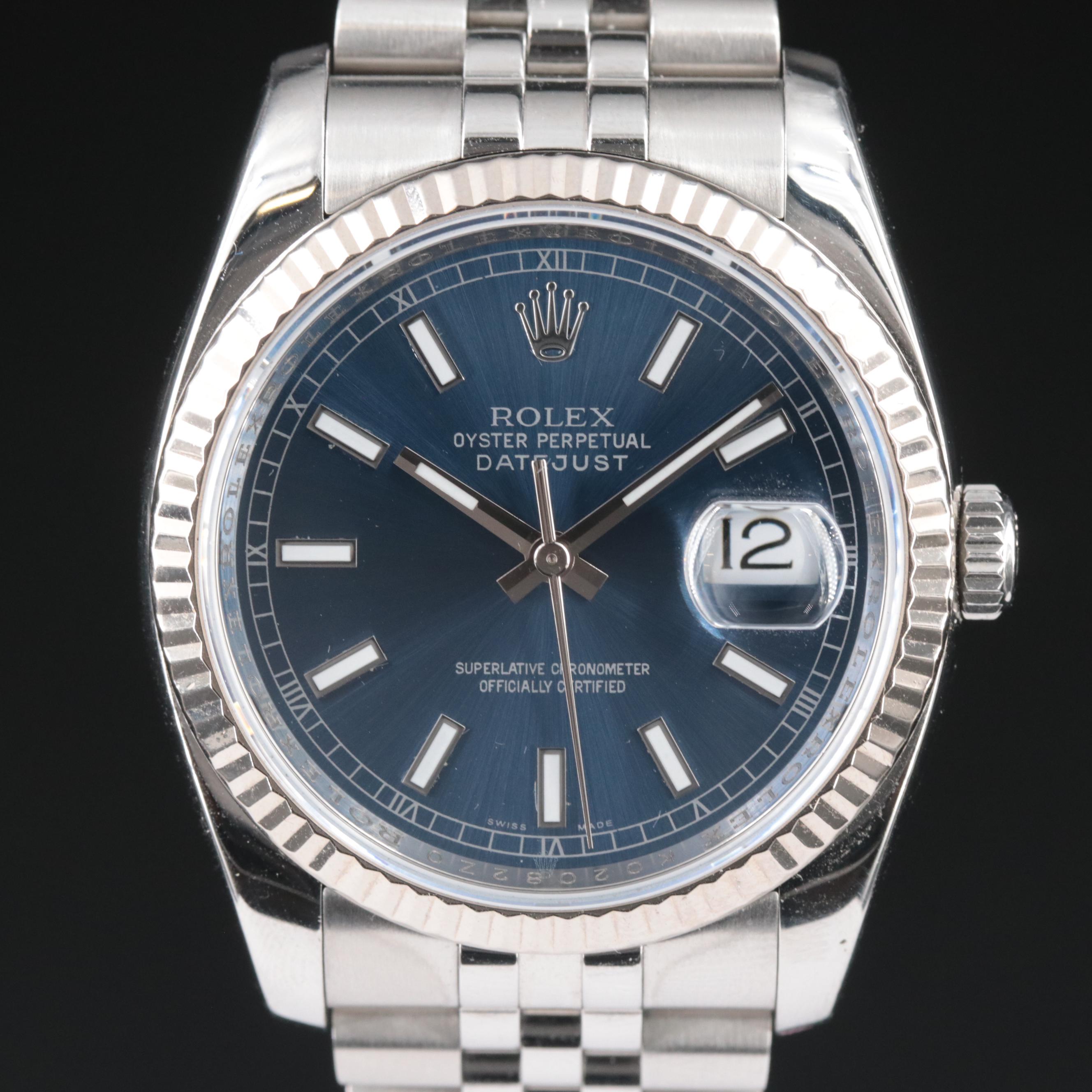 Rolex Datejust Blue Index Dial 18K Fluted Bezel Watch