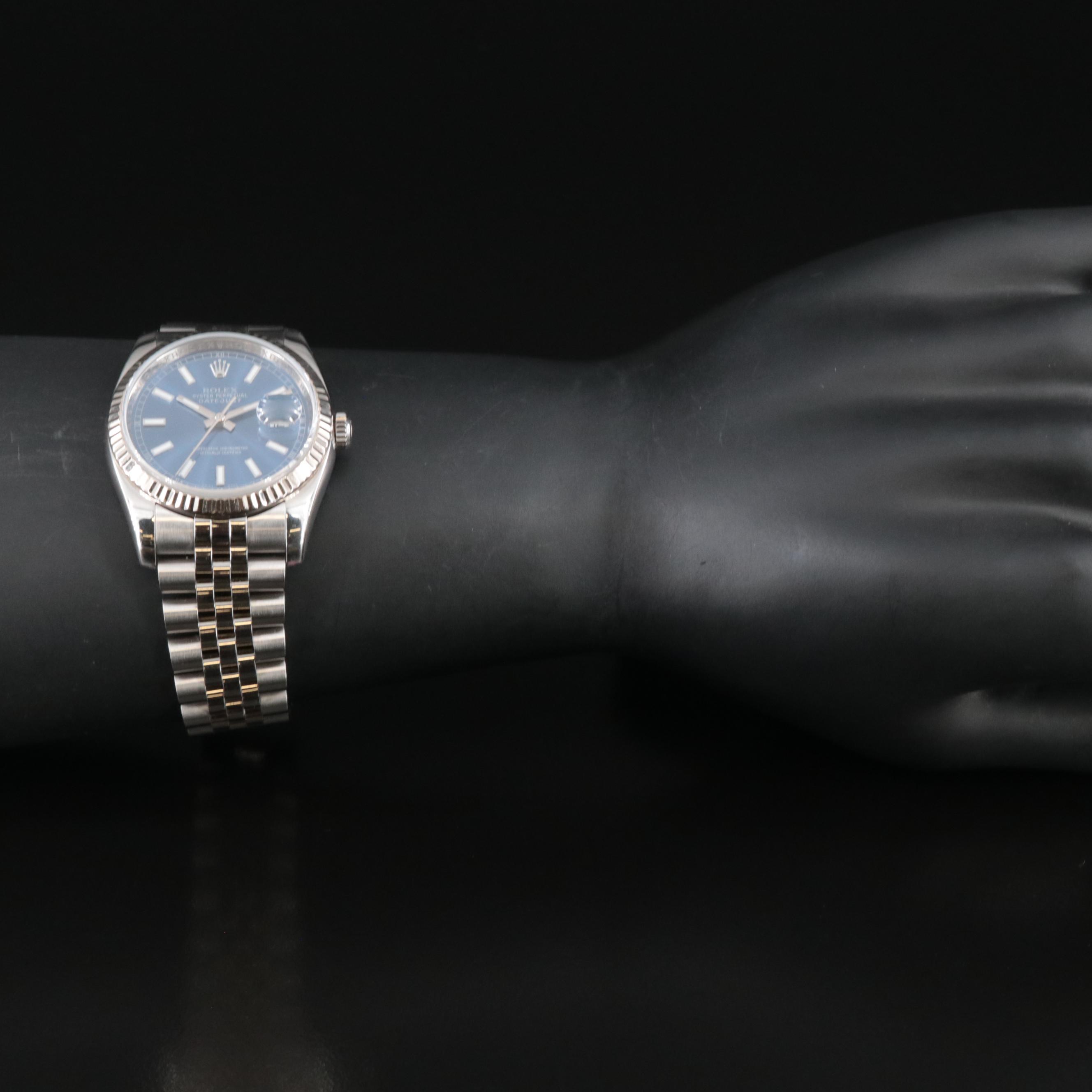 Rolex Datejust Blue Index Dial 18K Fluted Bezel Watch