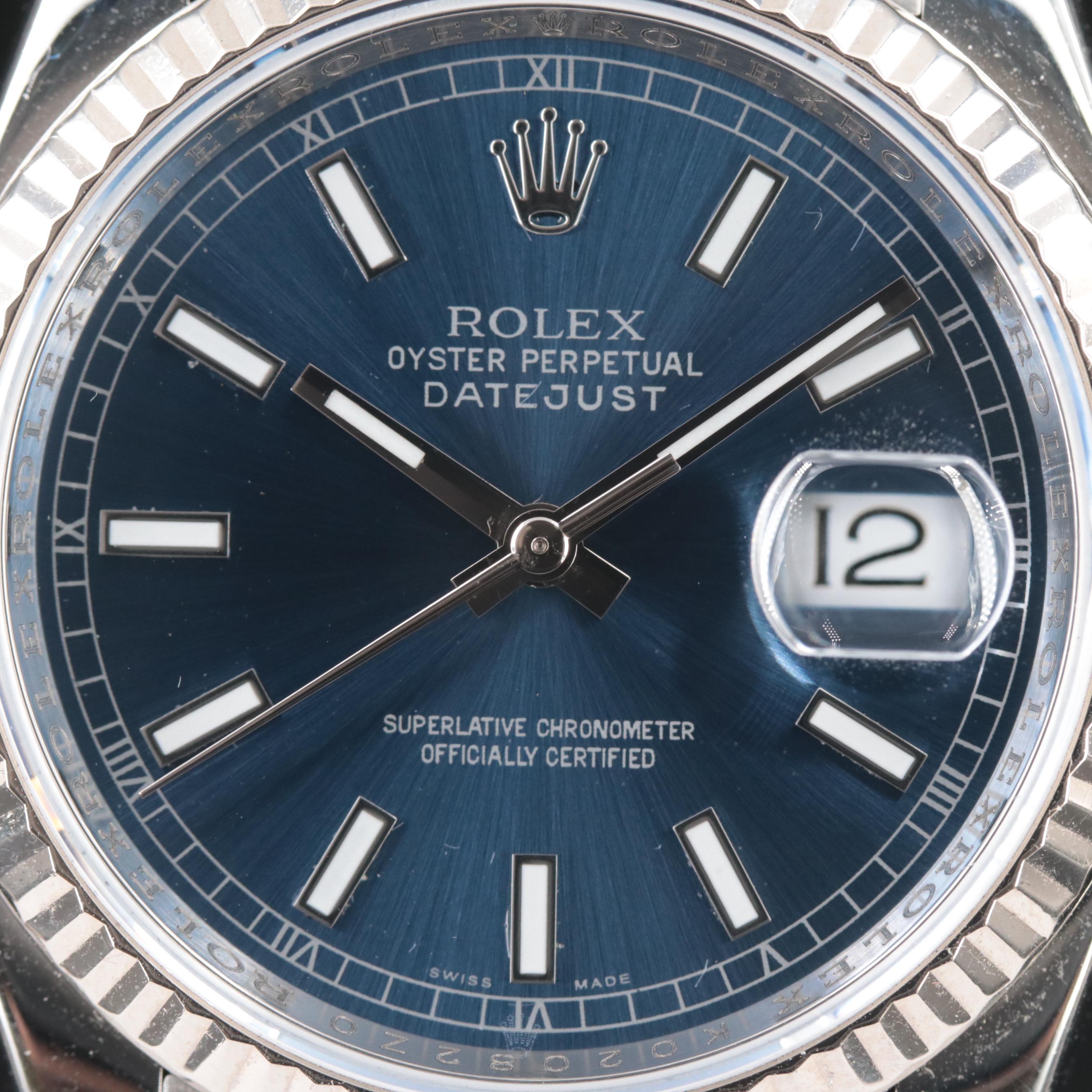 Rolex Datejust Blue Index Dial 18K Fluted Bezel Watch