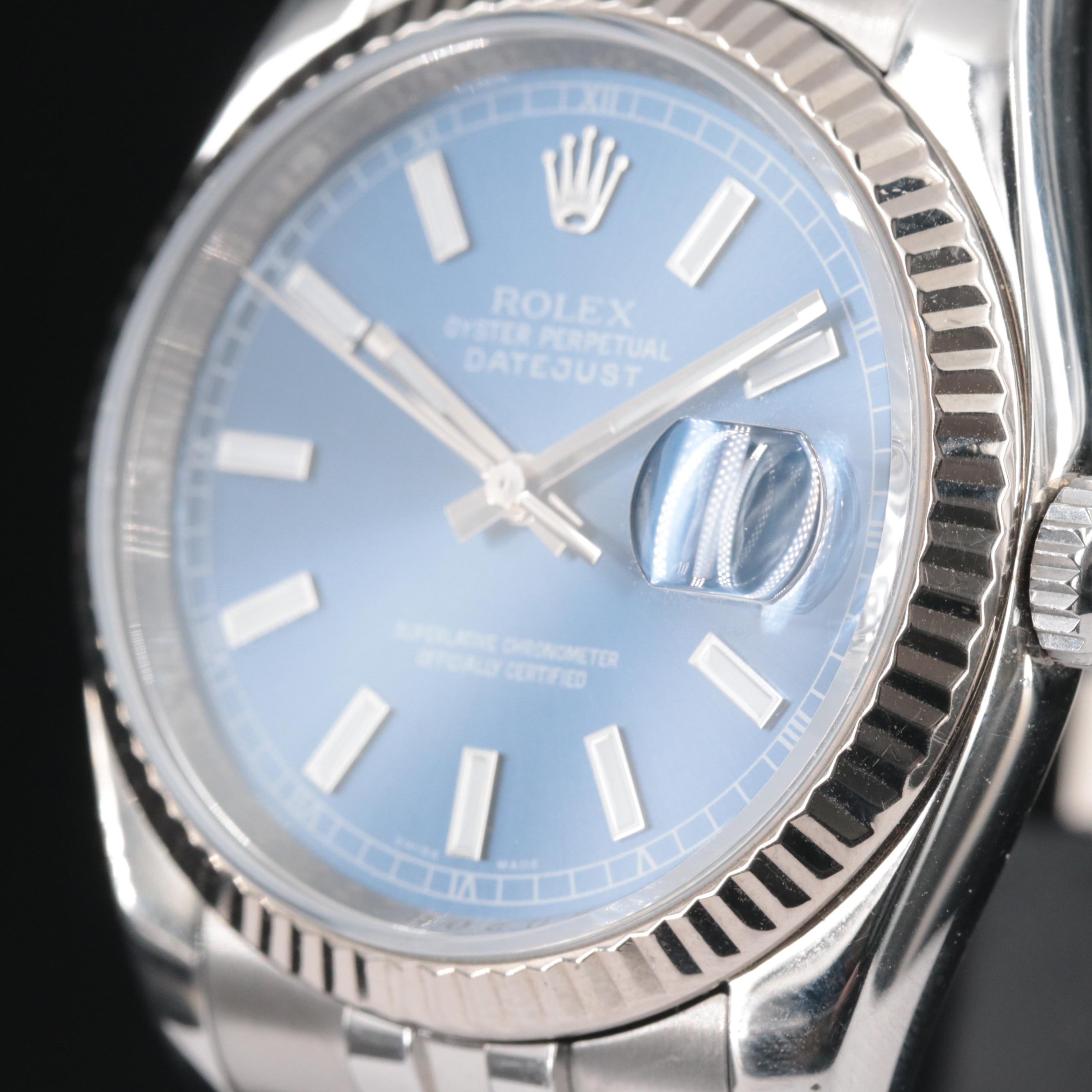 Rolex Datejust Blue Index Dial 18K Fluted Bezel Watch