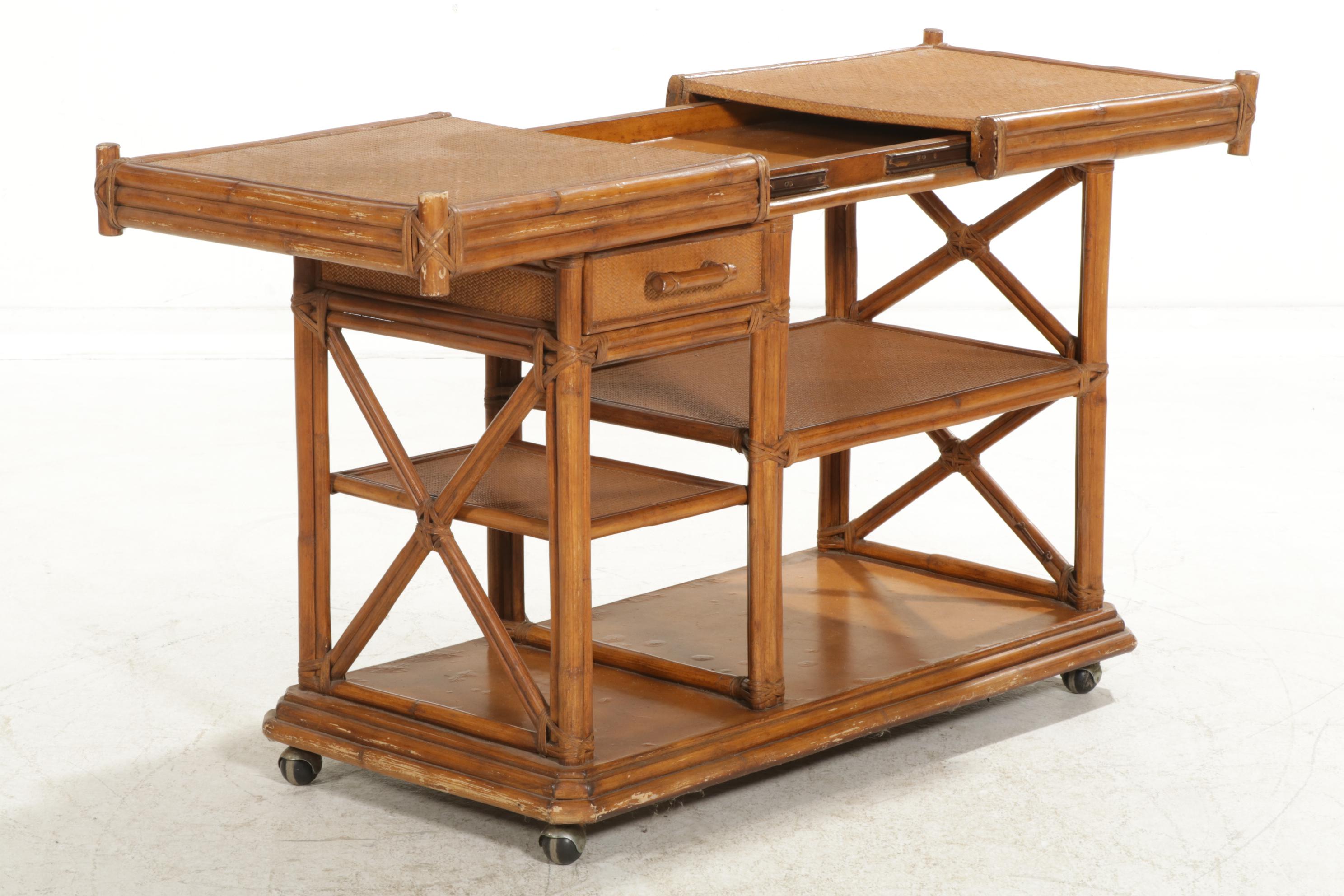 Rattan Rolling Bar Cart, Late 20th Century