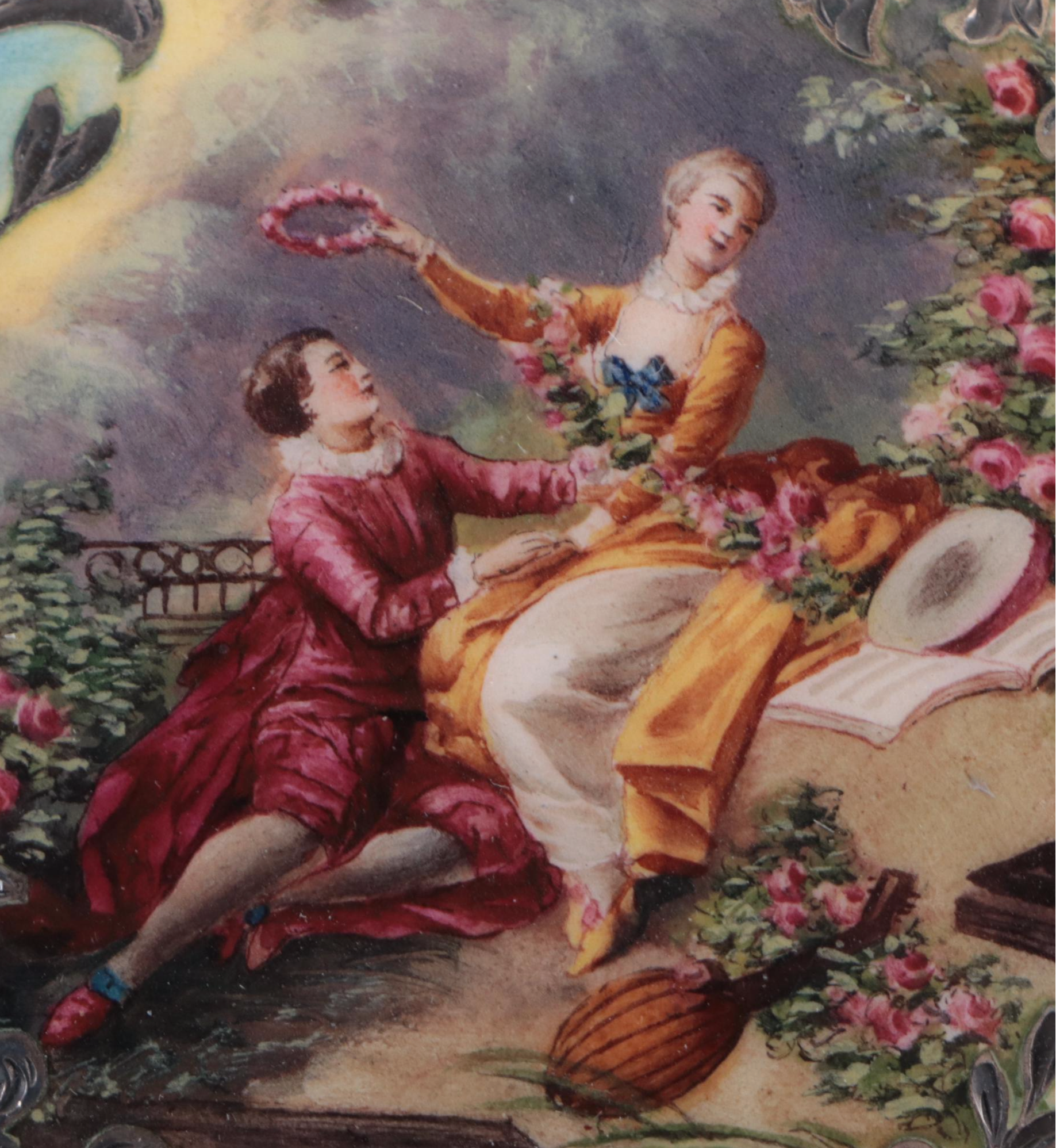 Rococo Style Enameled Metal Compact Mirror