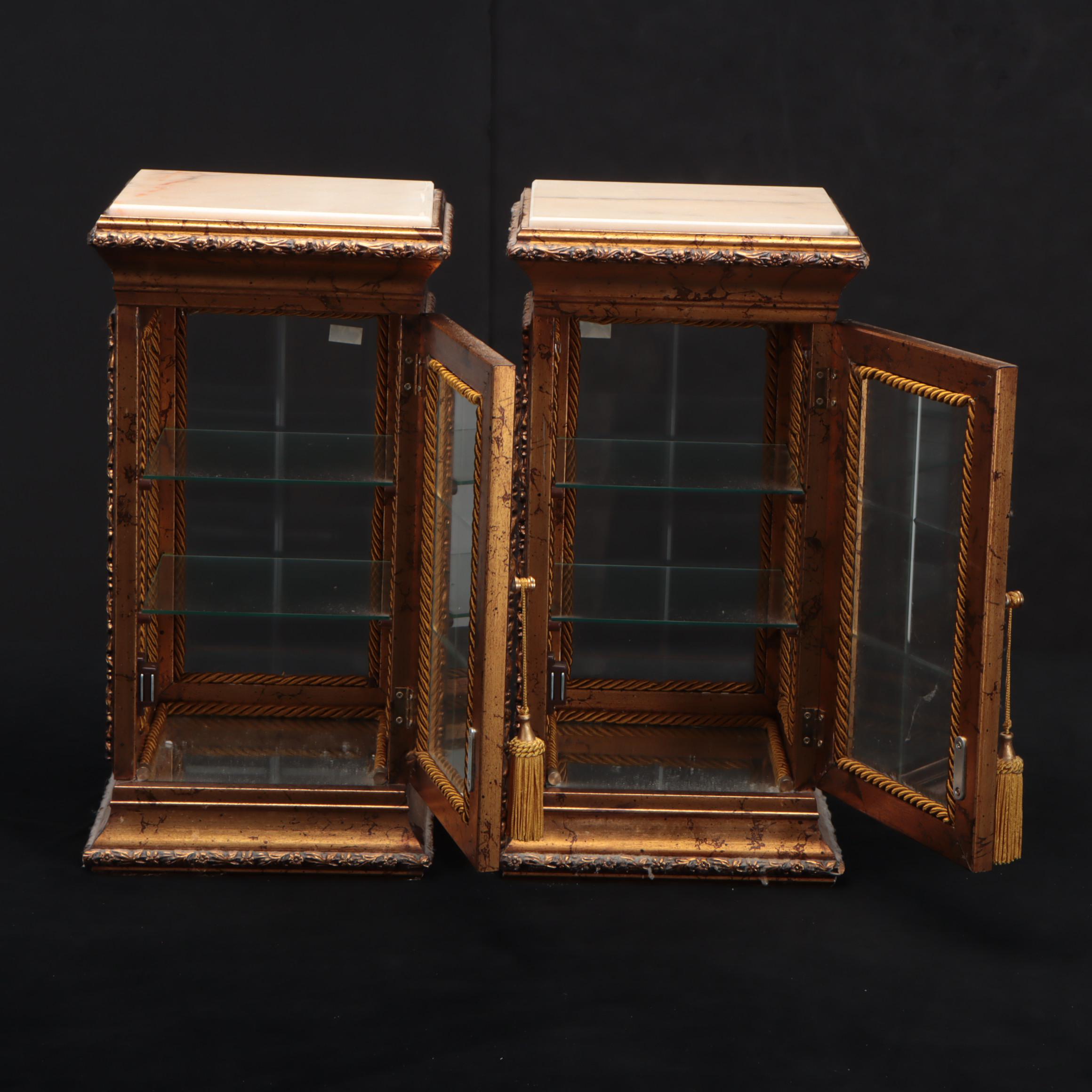 Pair of Horchow Italian Rococo Style Giltwood Marble Tabletop Vitrines