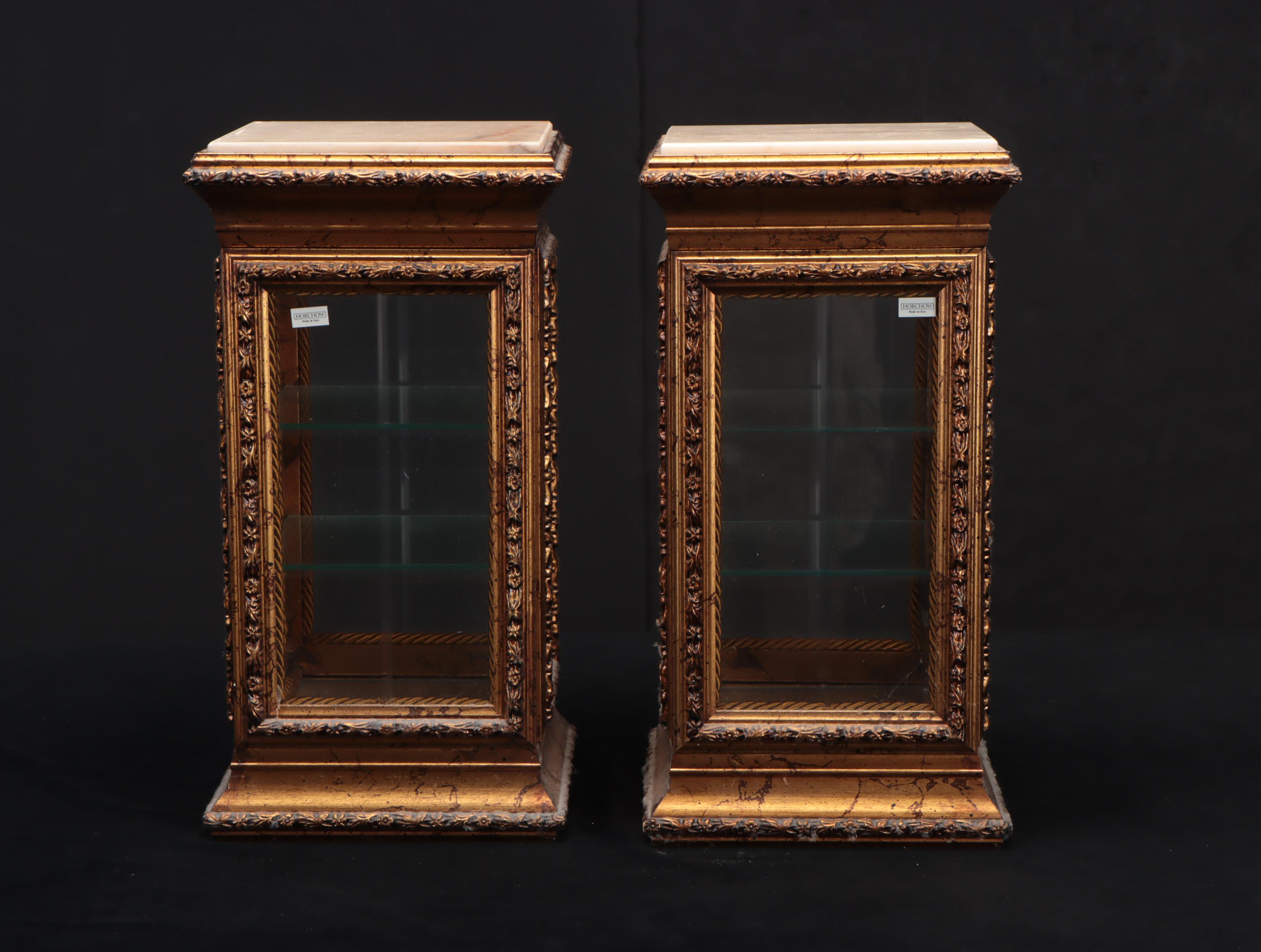 Pair of Horchow Italian Rococo Style Giltwood Marble Tabletop Vitrines